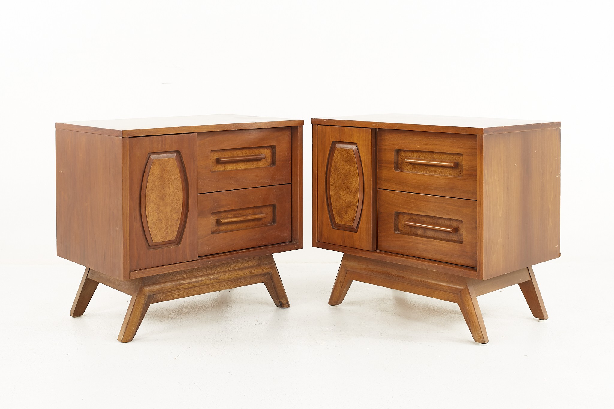 Young Manufacturing Mid Century Walnut and Burlwood Nightstands - A Pair