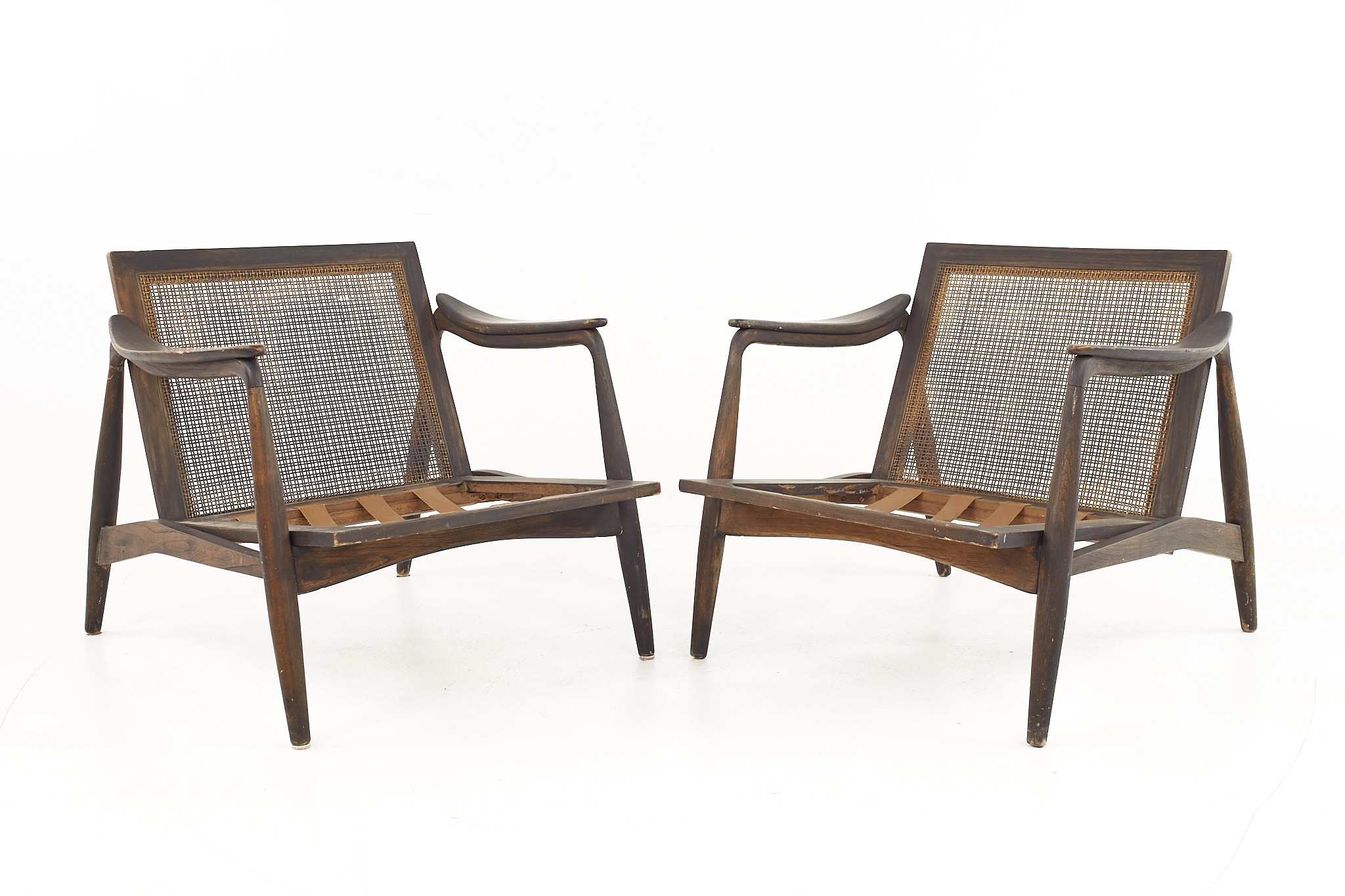 Lawrence Peabody for Richardson Nemschoff Mid Century Ebonized Walnut and Cane Lounge Chairs - a Pair