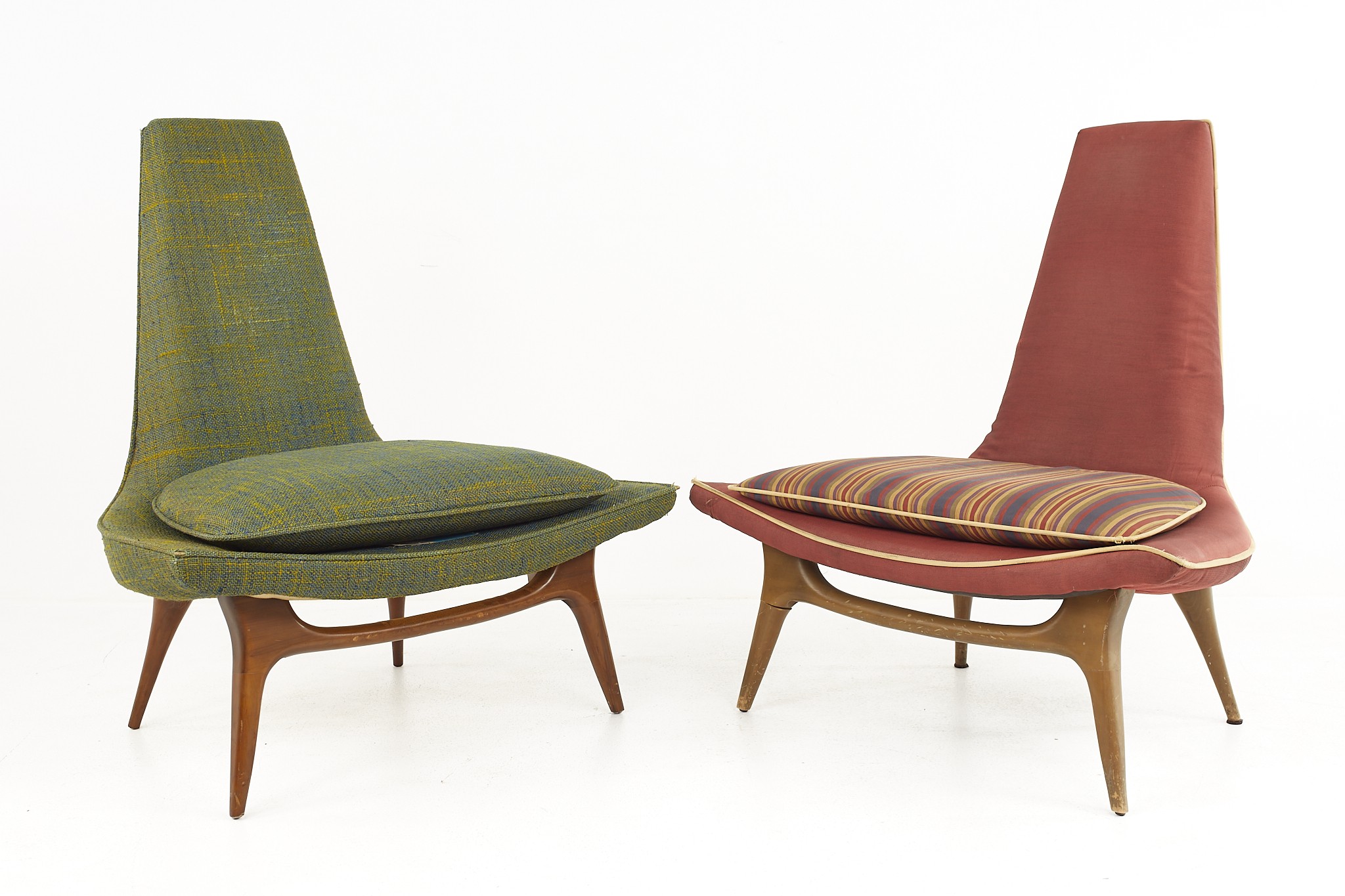 Karpen of California Mid Century High Back Walnut Slipper Lounge Chairs - a Pair