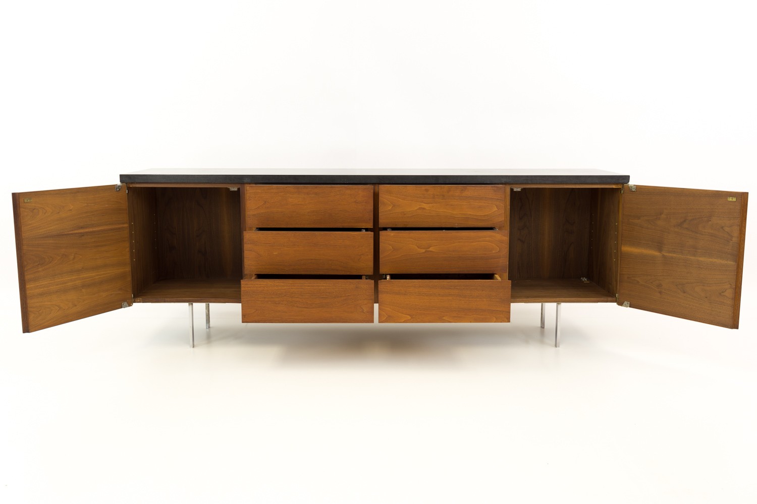 Florence Knoll Style Slate Top Walnut Mid Century Credenza Media Cabinet Console