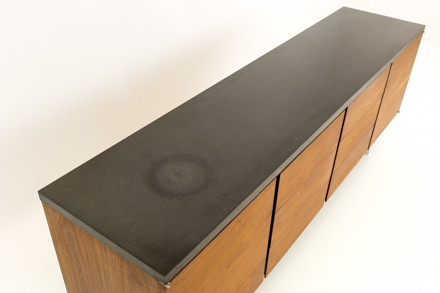 Florence Knoll Style Slate Top Walnut Mid Century Credenza Media Cabinet Console