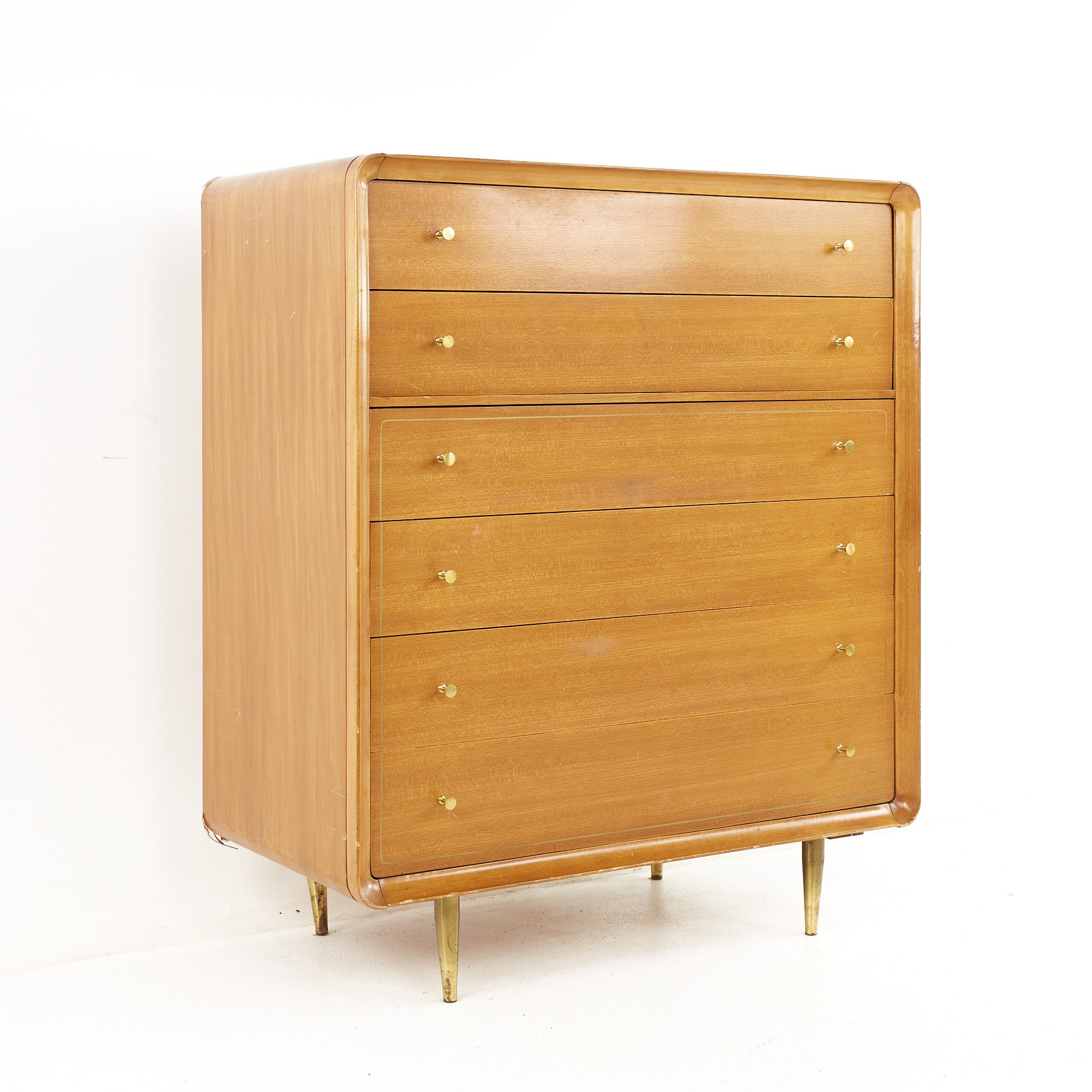 Paul Mccobb Style Mid Century Walnut and Brass 6 Drawer Highboy Dresser
