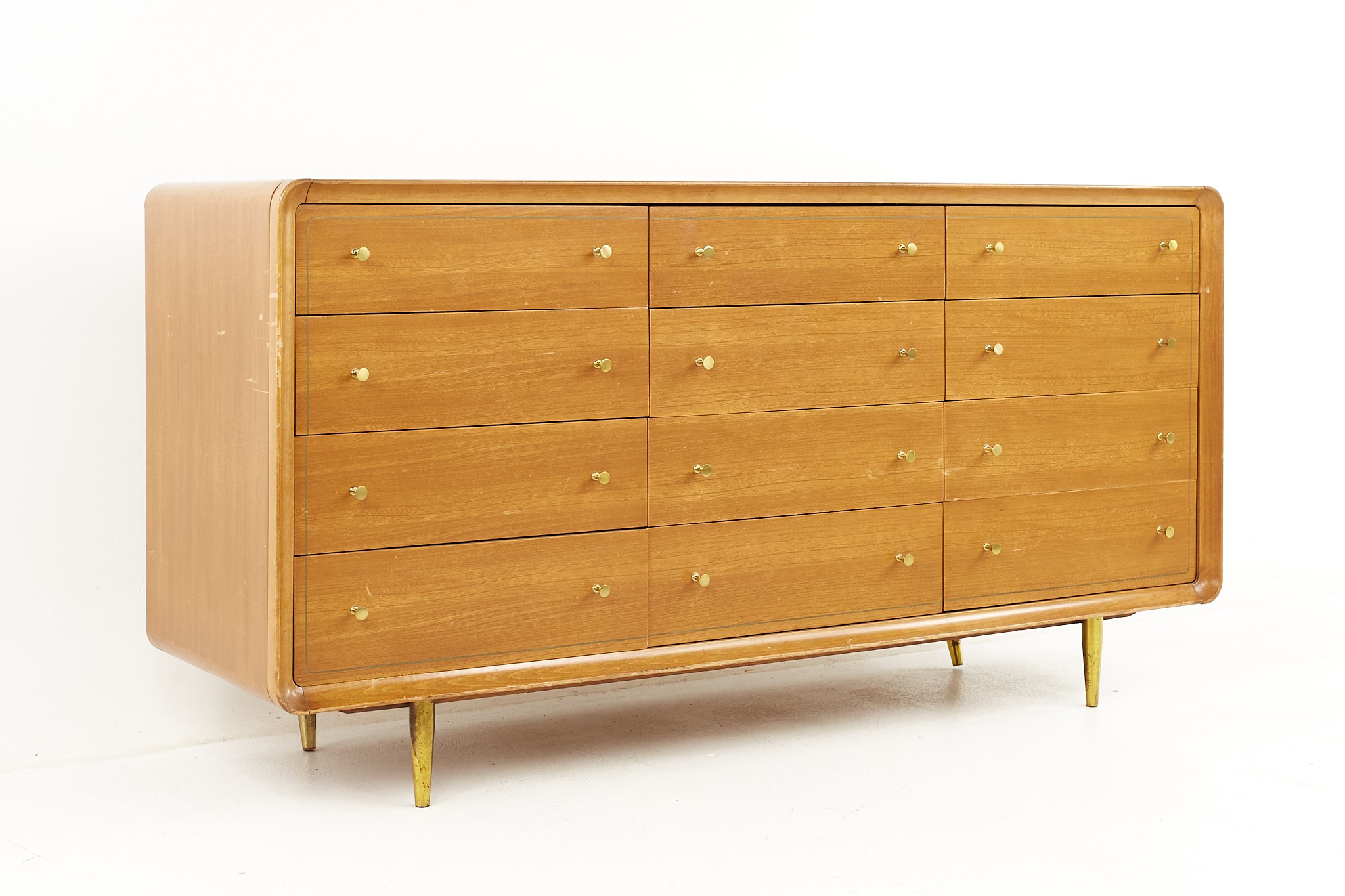 Paul Mccobb Style Mid Century Walnut and Brass 12 Drawer Lowboy Dresser