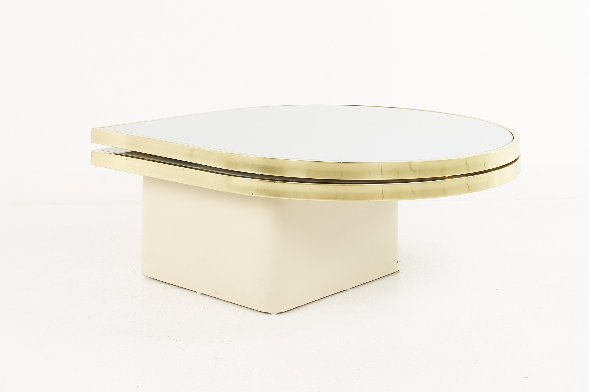 Design Institute of America Mid Century White Glass and Brass Teardrop Rotating Coffee Table
