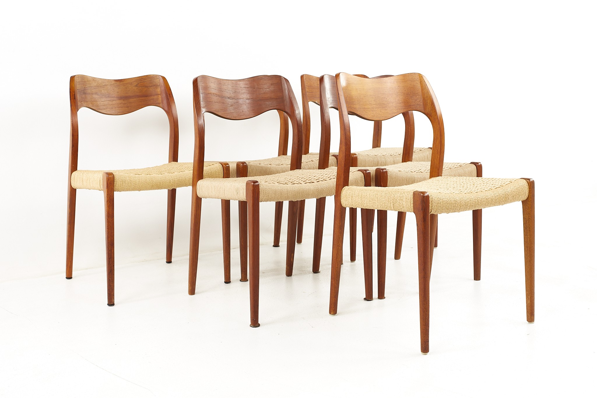 Niels Moller Model 71 Mid Century Danish Rope Seat Teak Dining Chairs - Set of 6