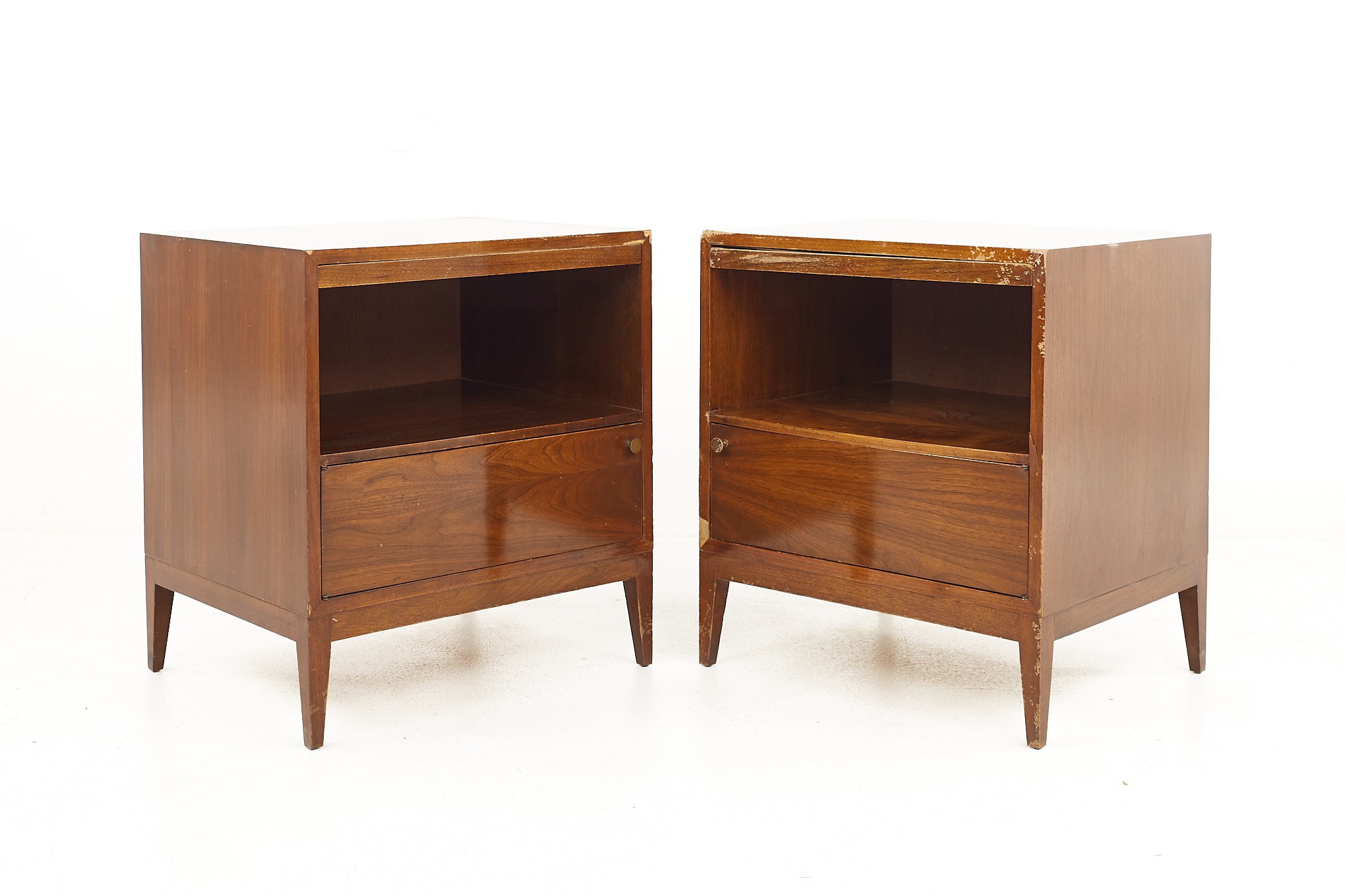 Paul Mccobb Style West Michigan Furniture Mid Century Walnut and Brass Nightstands - Pair
