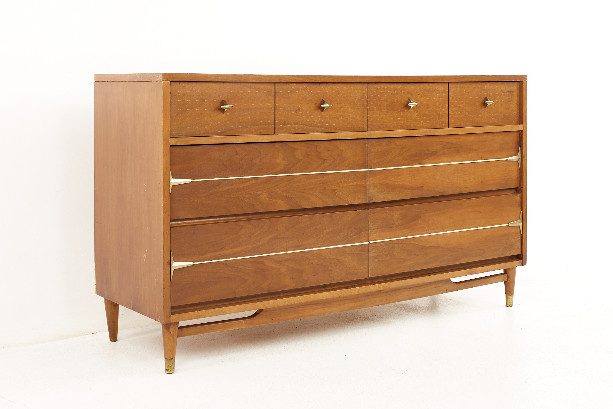 Kroehler Impression Mid Century Walnut and Brass 6 Drawer Lowboy Dresser