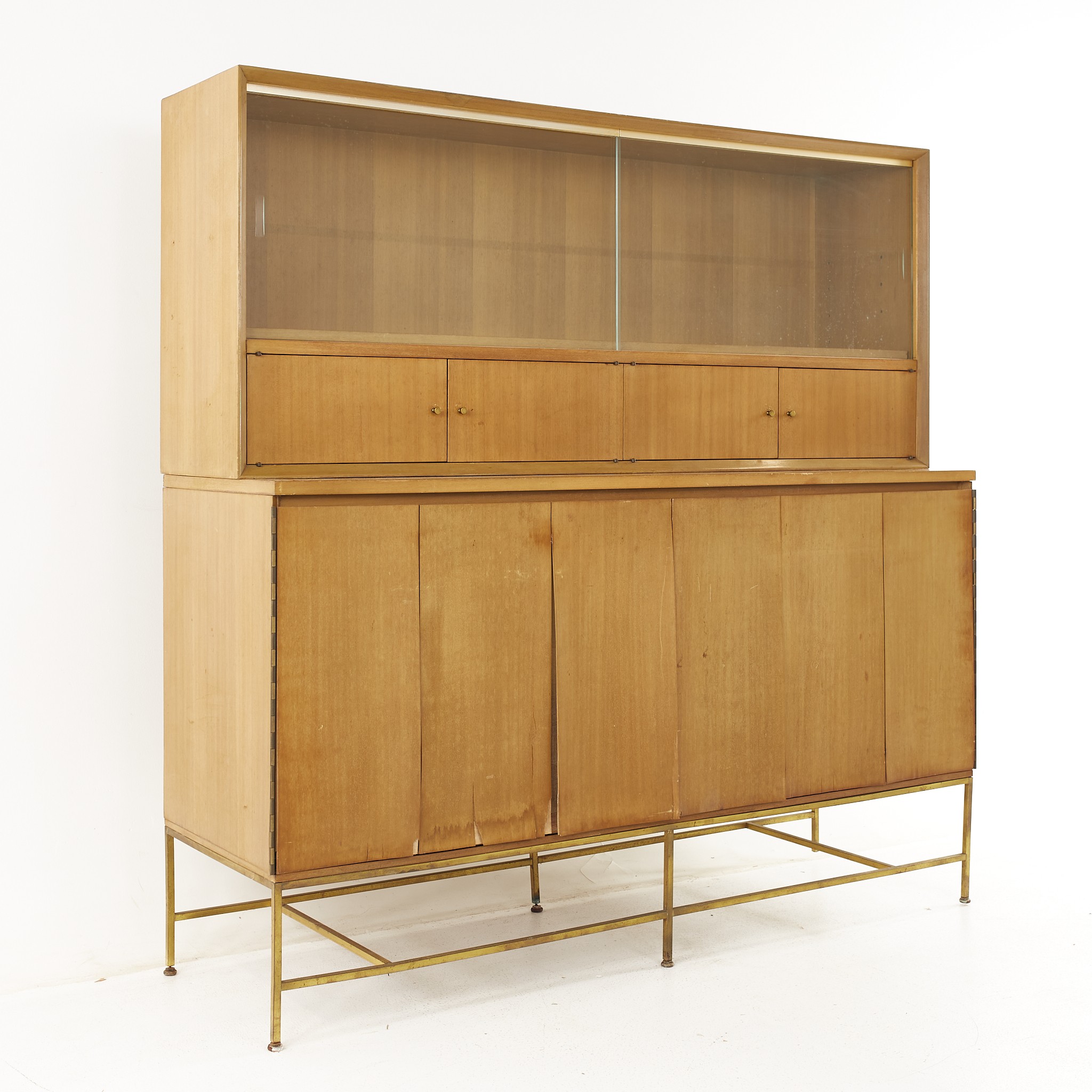 Paul Mccobb for Calvin Mid Century Brass Base Credenza with Hutch