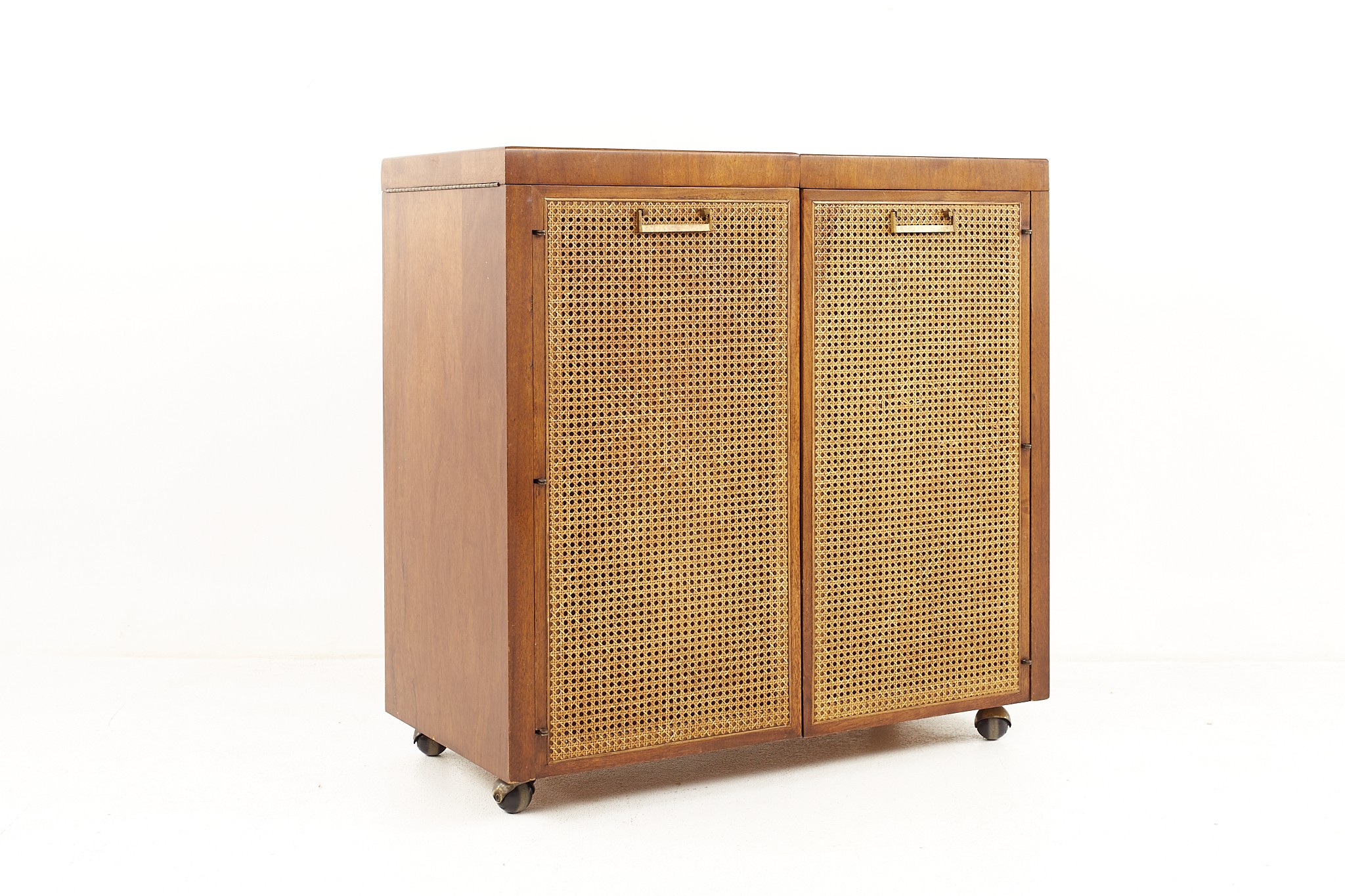 Founders Mid Century Walnut and Cane Front Bar Cabinet