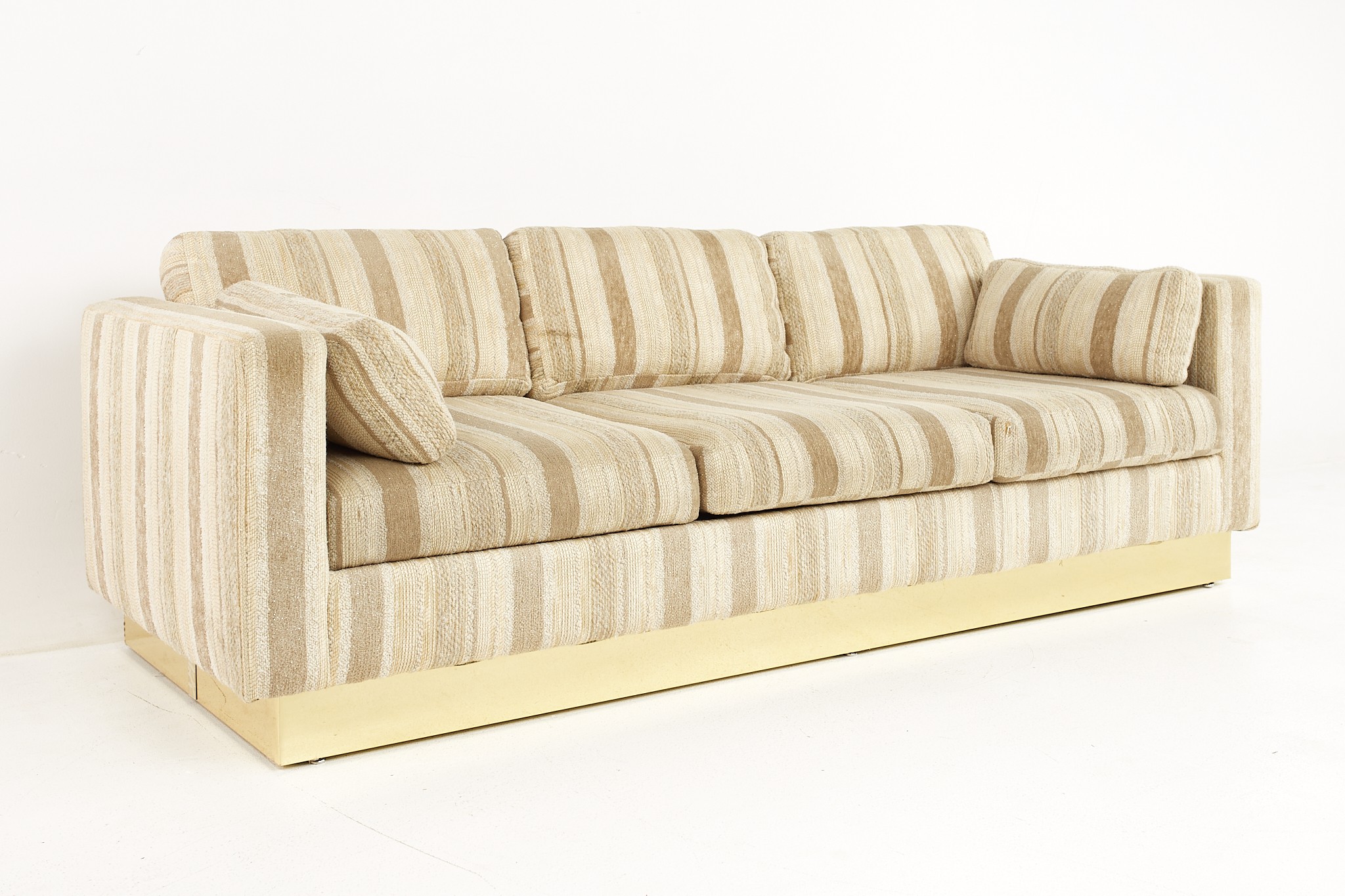 Milo Baughman Style Mid Century Brass Base Sofa