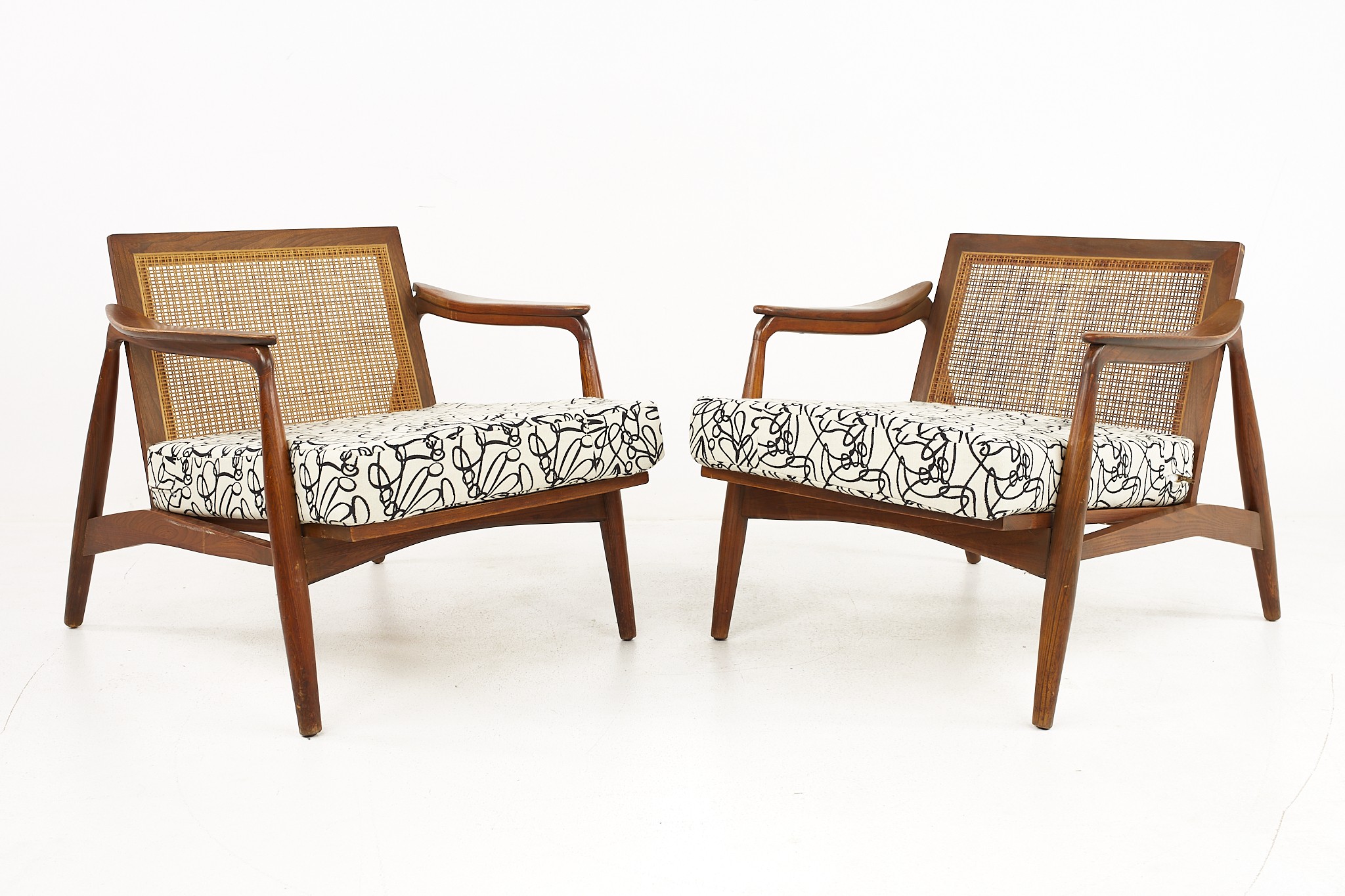 Lawrence Peabody Mid Century Walnut and Cane Lounge Chairs - a Pair