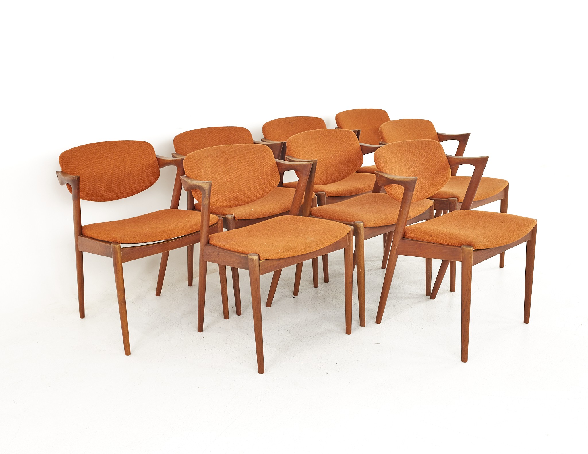 Kai Kristiansen Mid Century Orange Teak Z Dining Chairs - Set of 8