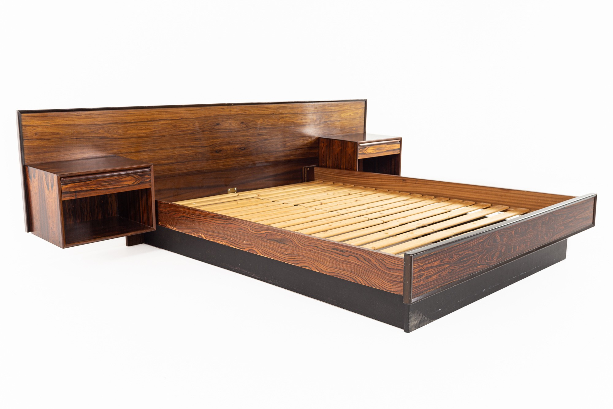 Mid Century Rosewood King Platform Bed with Floating Nightstands