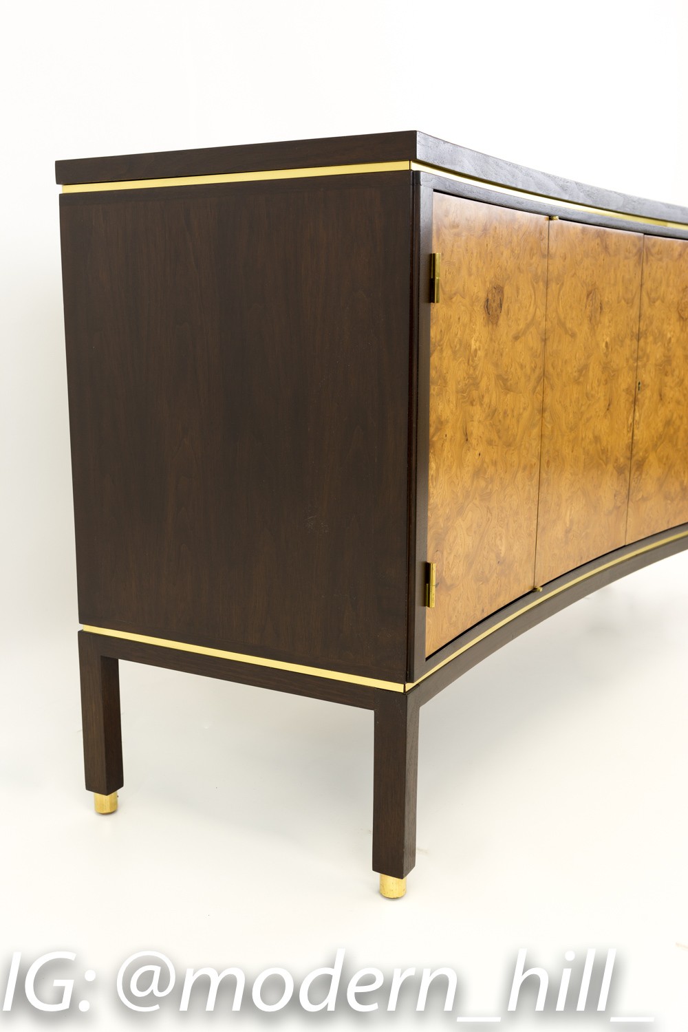 Edward Wormley for Dunbar Curved Burled Brass and Walnut Mid Century Modern Sideboard Credenza Buffet