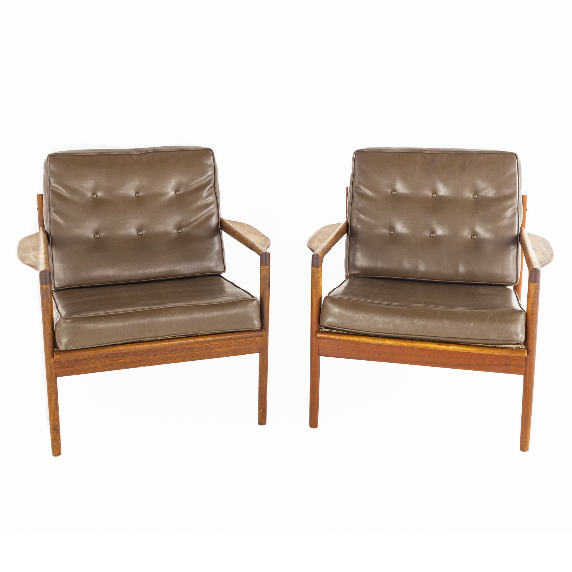 Ib Kofod Larsen for Selig Mid Century Walnut Lounge Chairs - a Pair