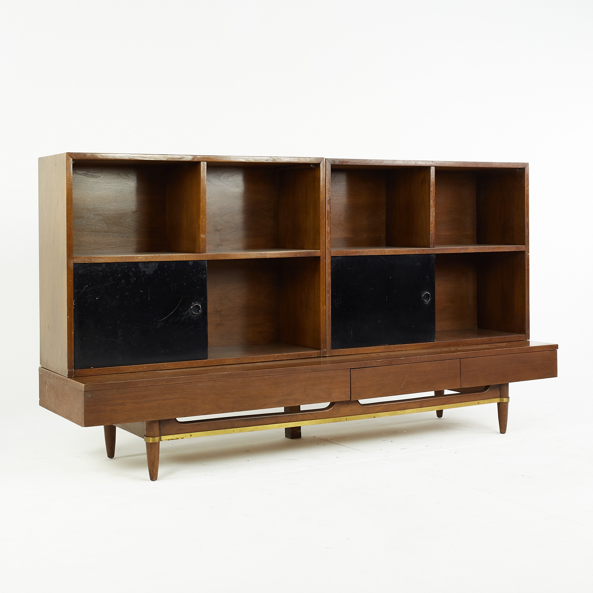 Merton Gershun for American of Martinsville Mid Century Walnut Bench with Two Bookcase Cabinets