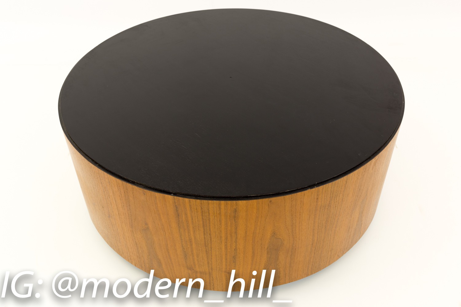 Mid Century Walnut Large Drum Barrel Round Coffee Table