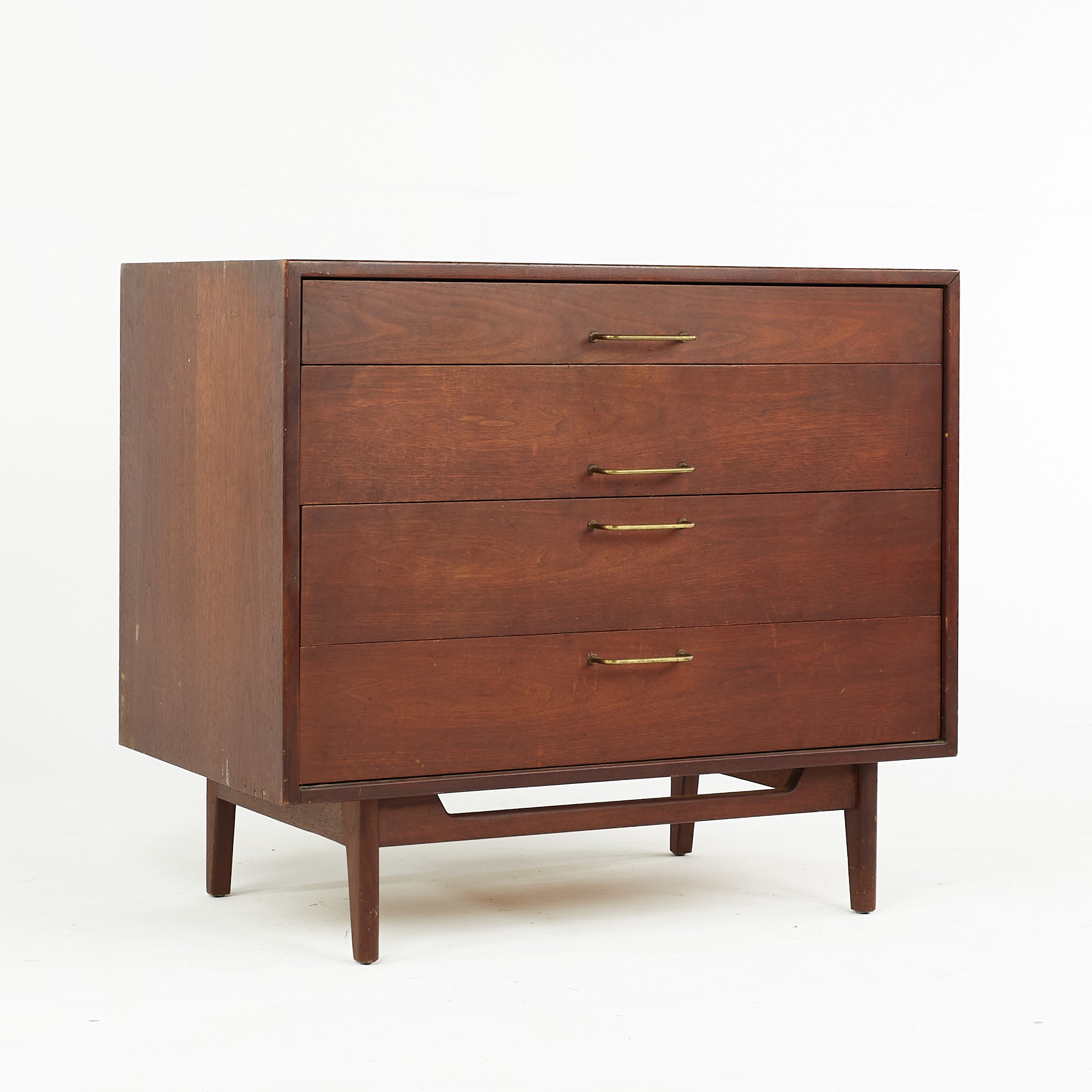 Jens Risom Mid Century Walnut and Brass 4 Drawer Dresser Chest