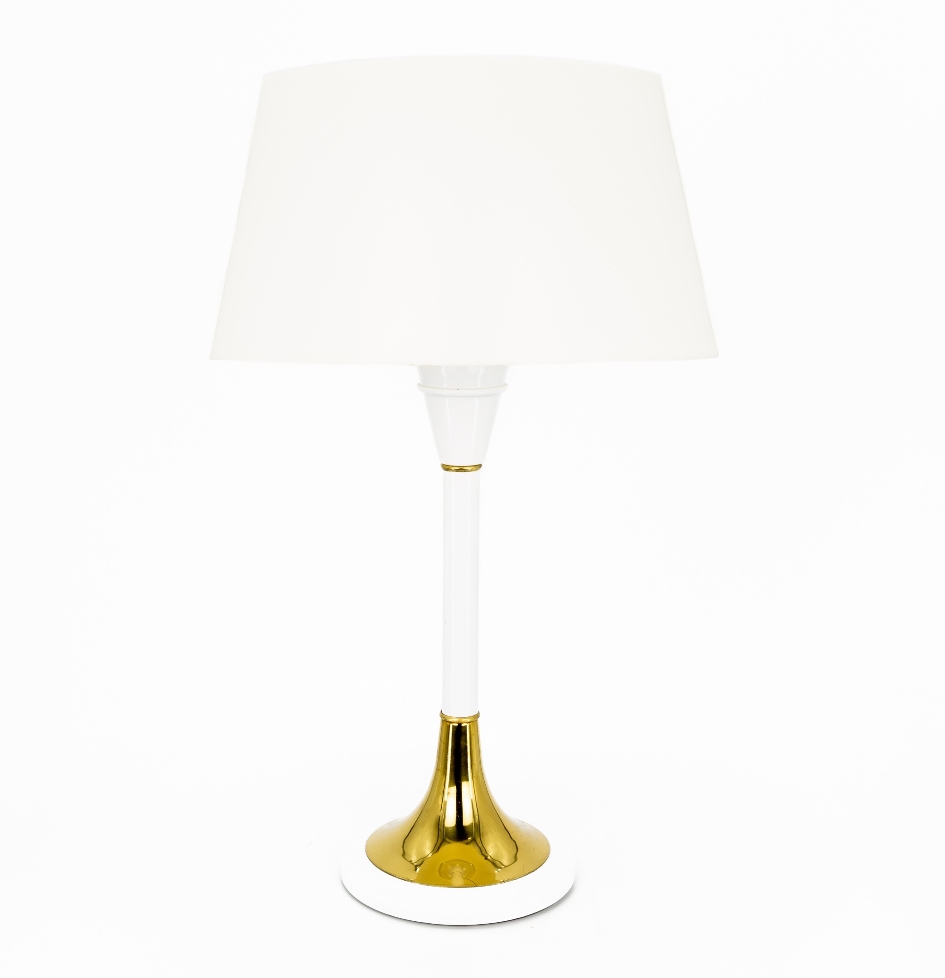 Gerald Thurston Mid Century White Aluminum and Brass Table Lamp with Original Plastic Shade and Dimmer