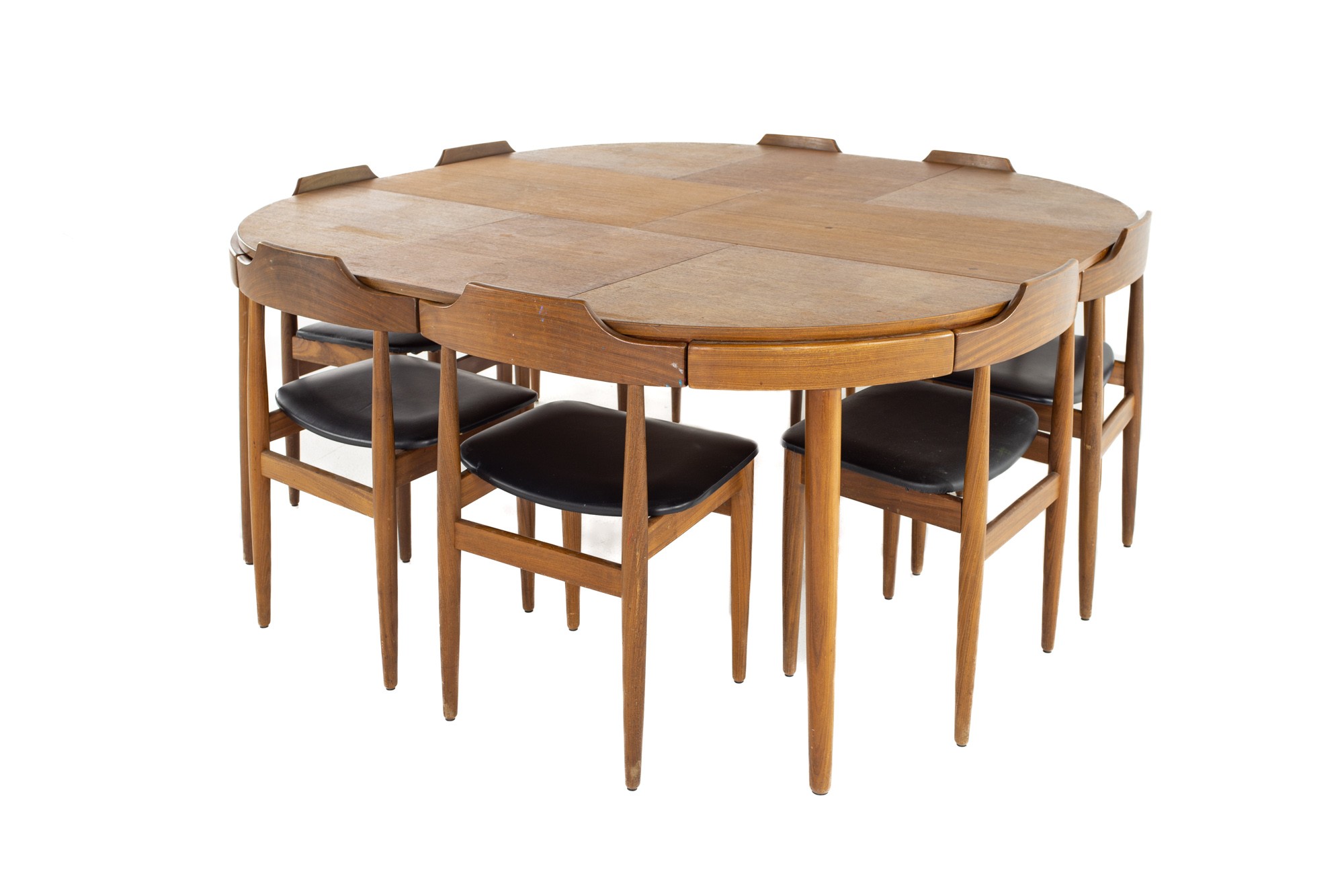 Hans Olsen for Frem Rojle Mid Century Teak Roundette Expanding Dining Table with Nesting Chairs - Set of 8