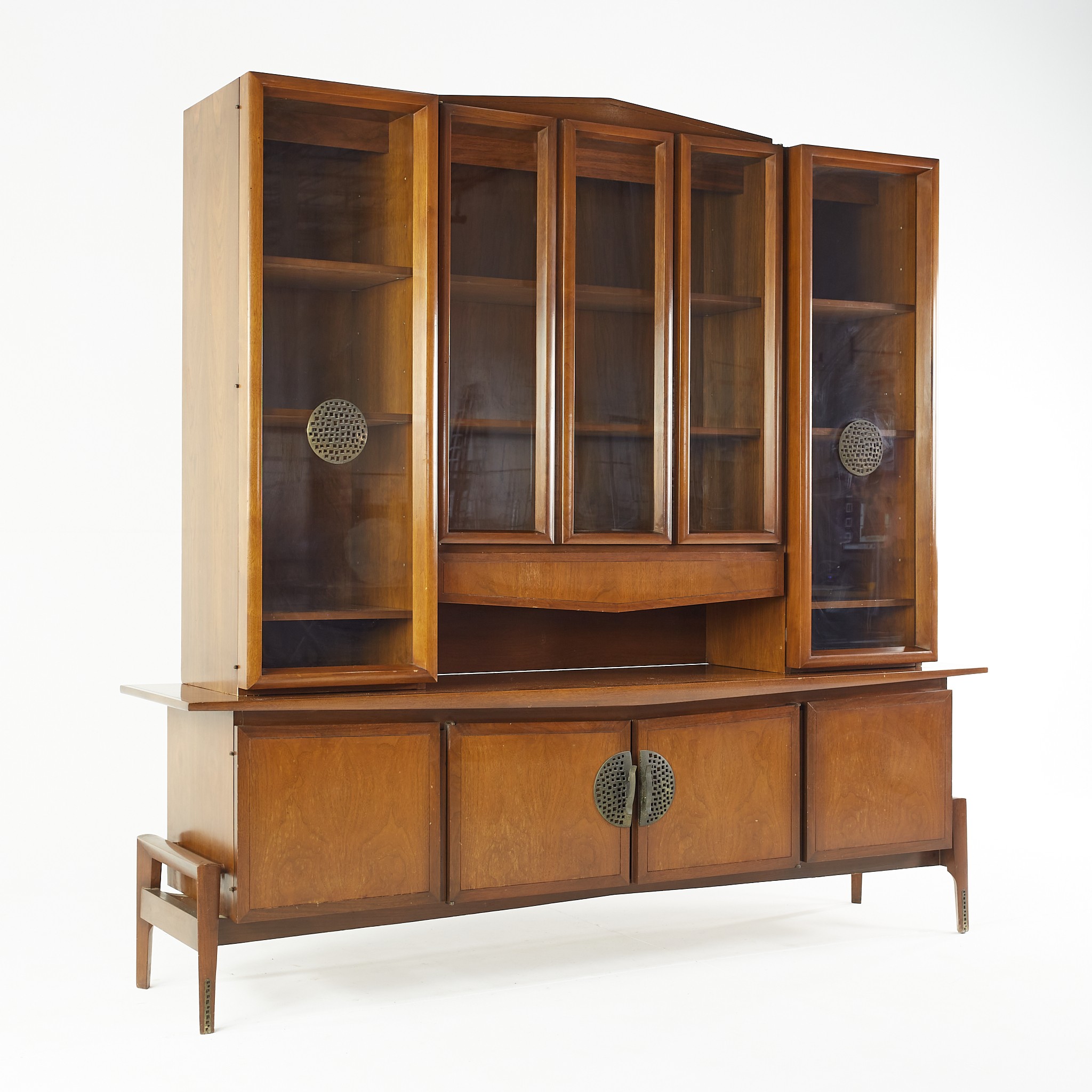 Helen Hobey for Baker Mid Century Walnut and Brass Buffet and Hutch