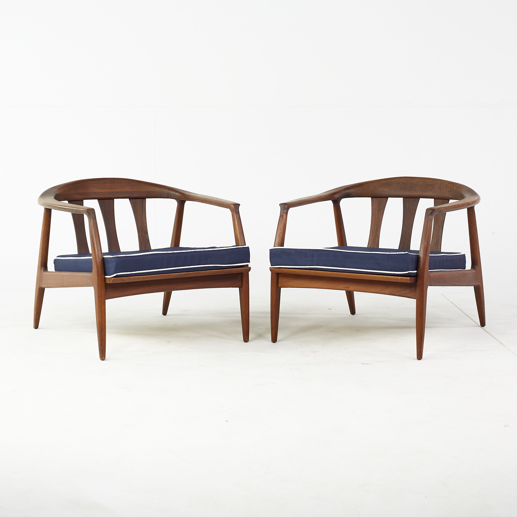 Milo Baughman for Thayer Coggin Mid Century Walnut Barrel Lounge Chairs