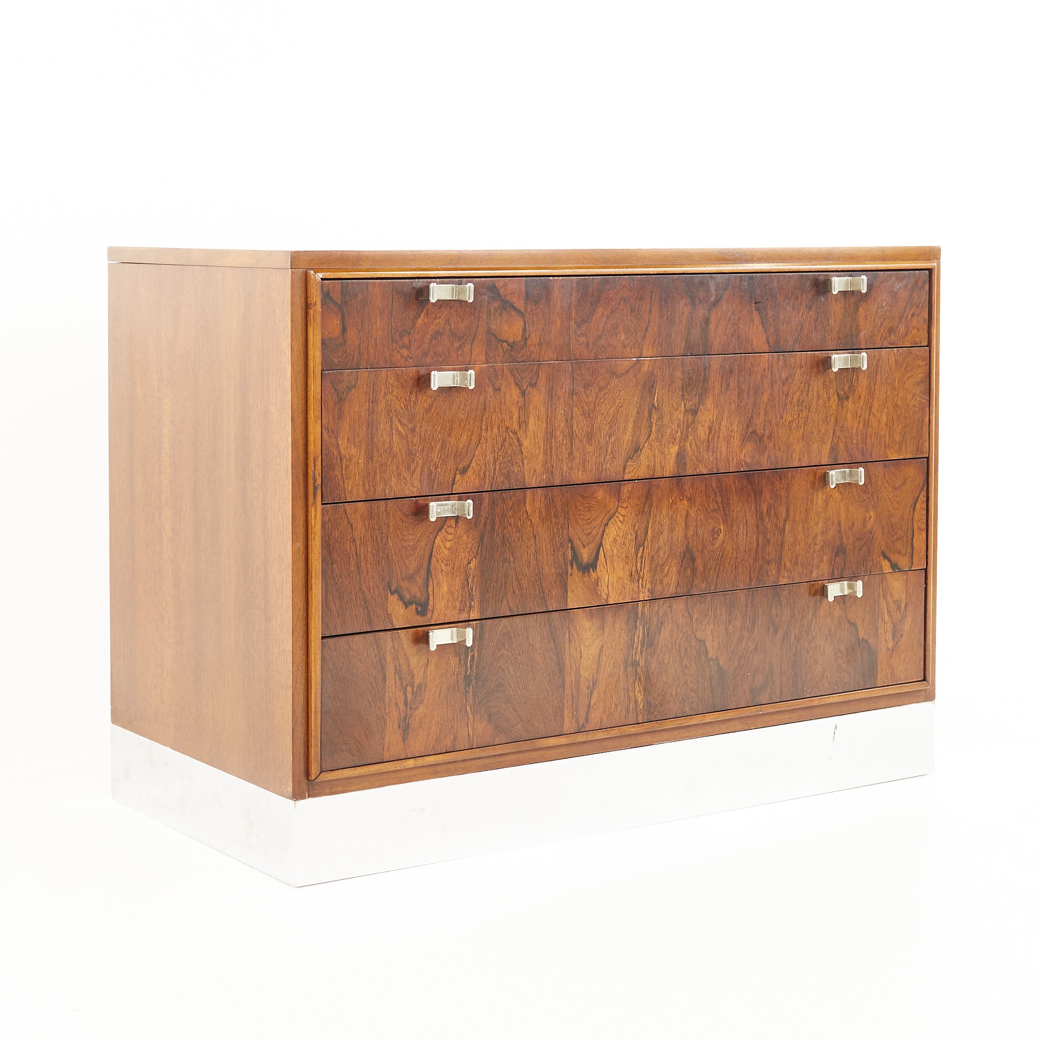 Bernhardt Flair Style Mid Century Rosewood Walnut and Chrome 4 Drawer Dresser Chest