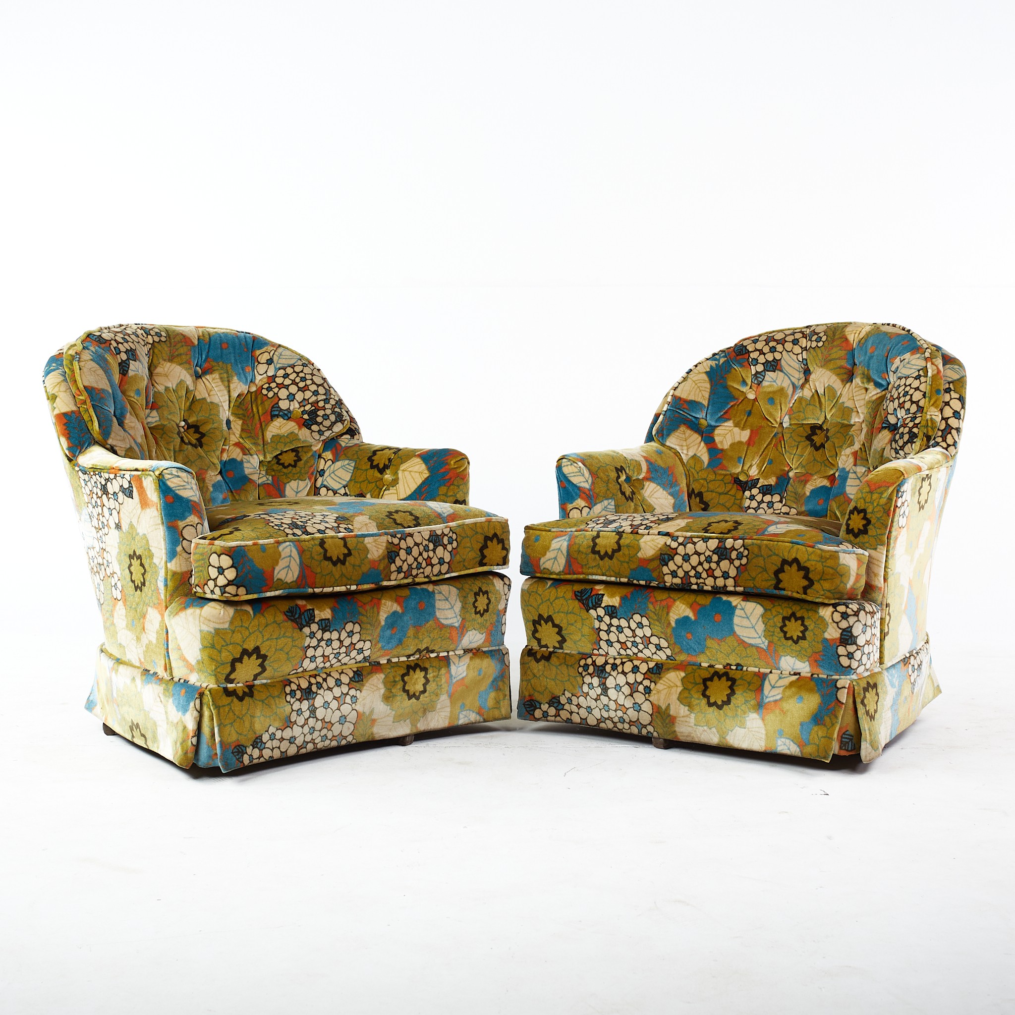 Jack Lenor Larsen Style Mid Century Velvet Floral Swivel Lounge Chairs - a Pair