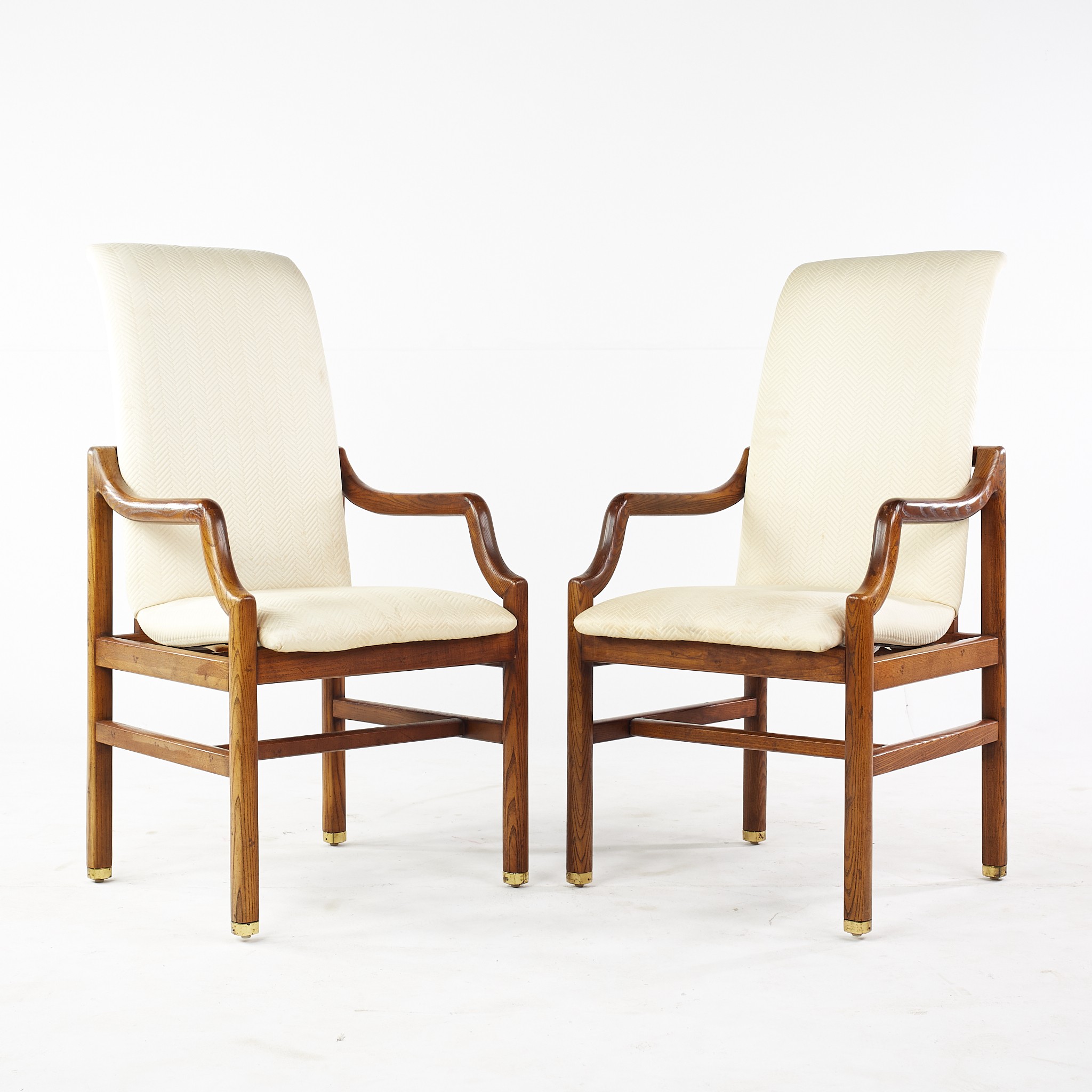 Henredon Mid Century Oak and Brass Captains Dining Chairs - Pair
