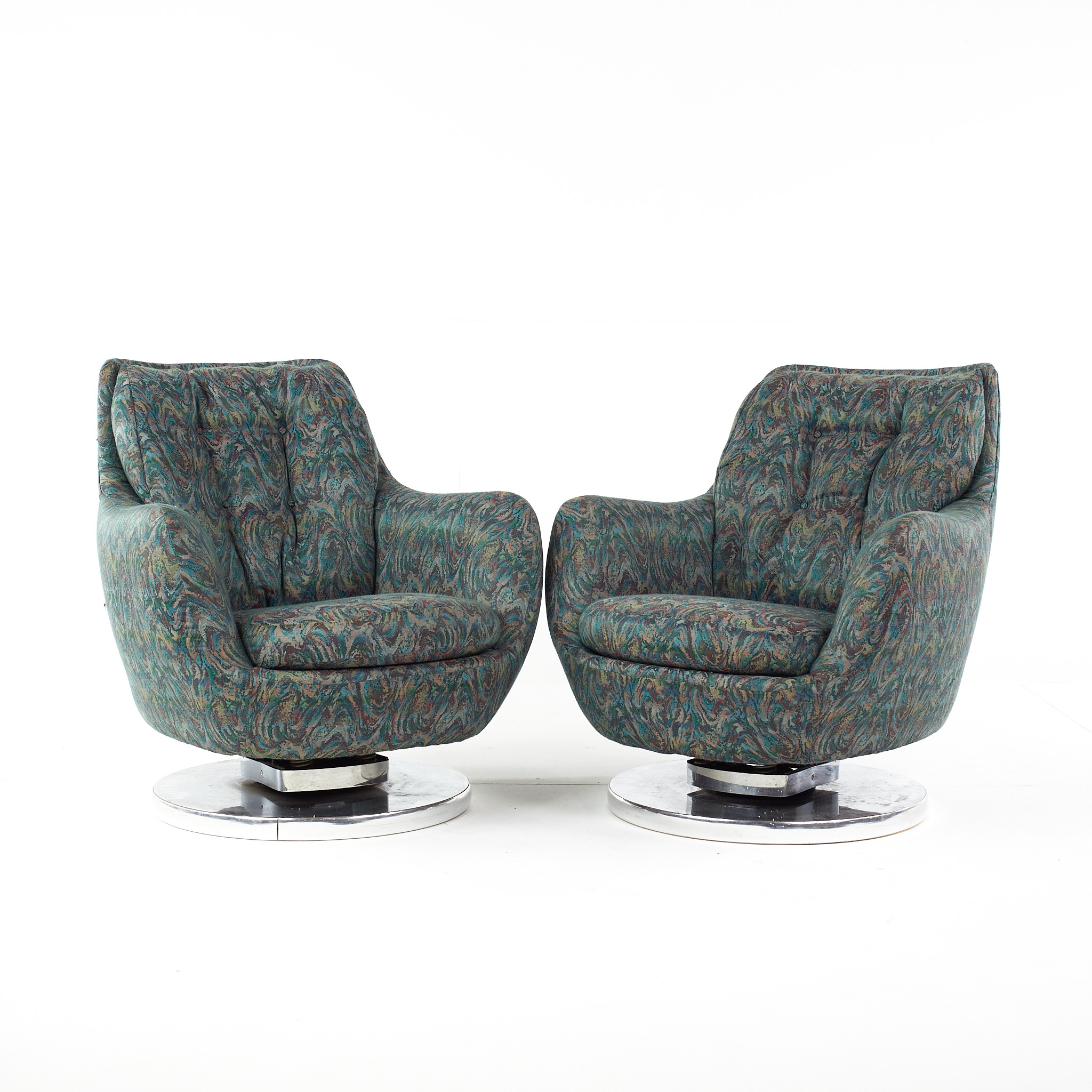 Milo Baughman Style Mid Century Chrome Base Swivel Tilt Chairs - Pair
