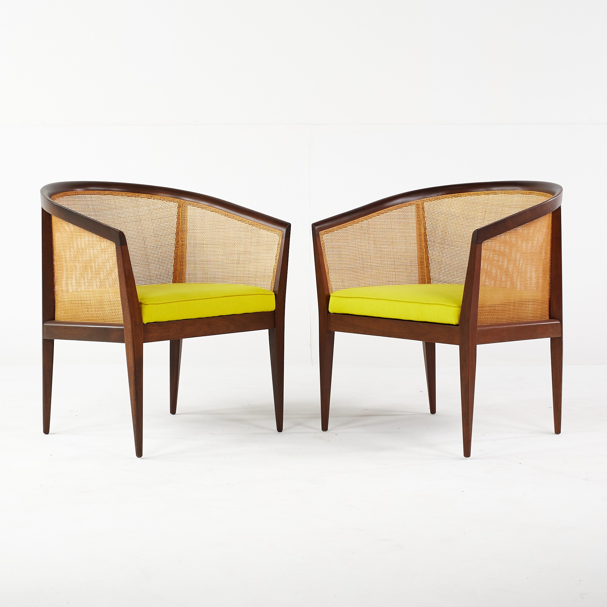 Kipp Stewart for Directional Mid Century Walnut and Cane Lounge Chairs - a Pair