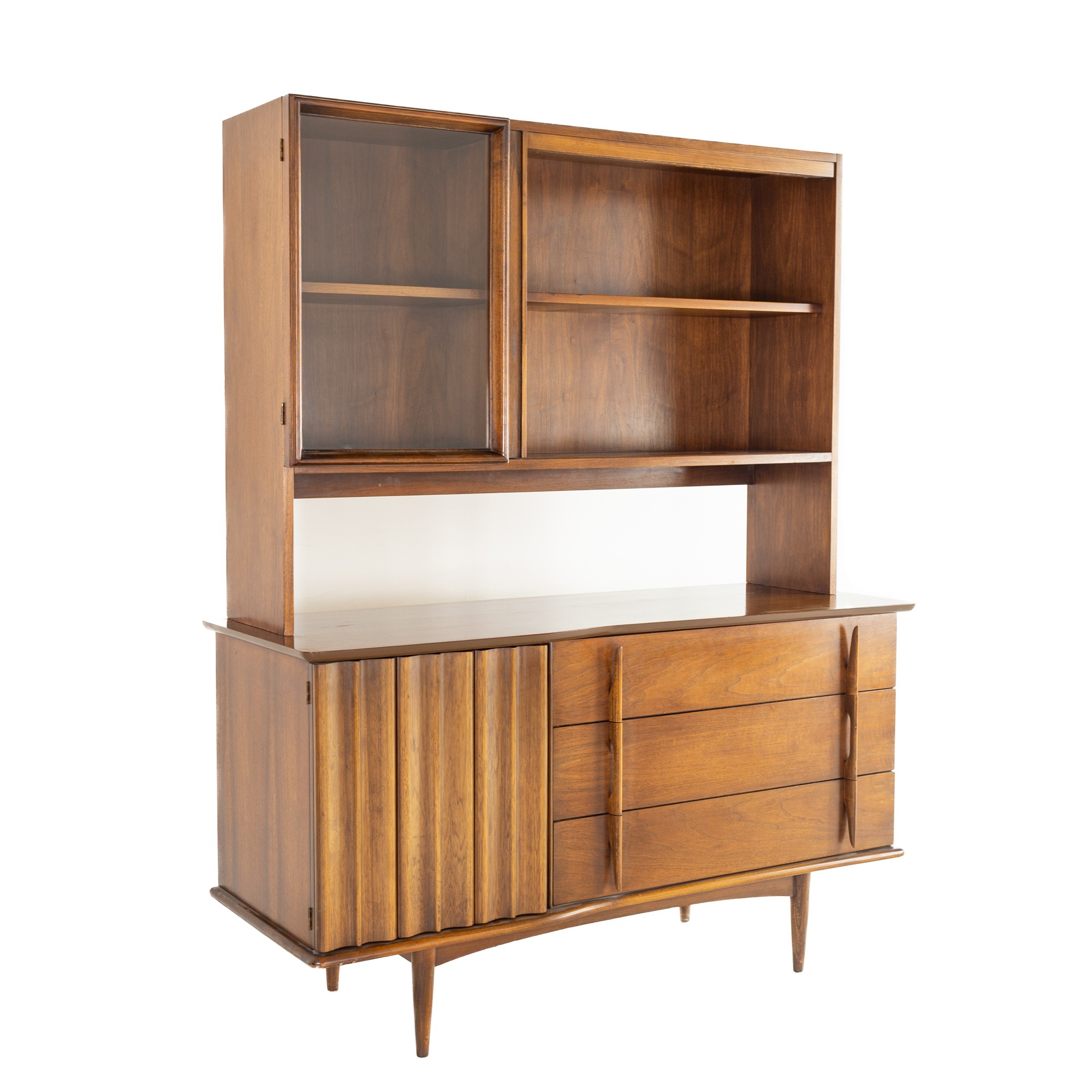 United Mid Century Curved Front Walnut Buffet and Hutch