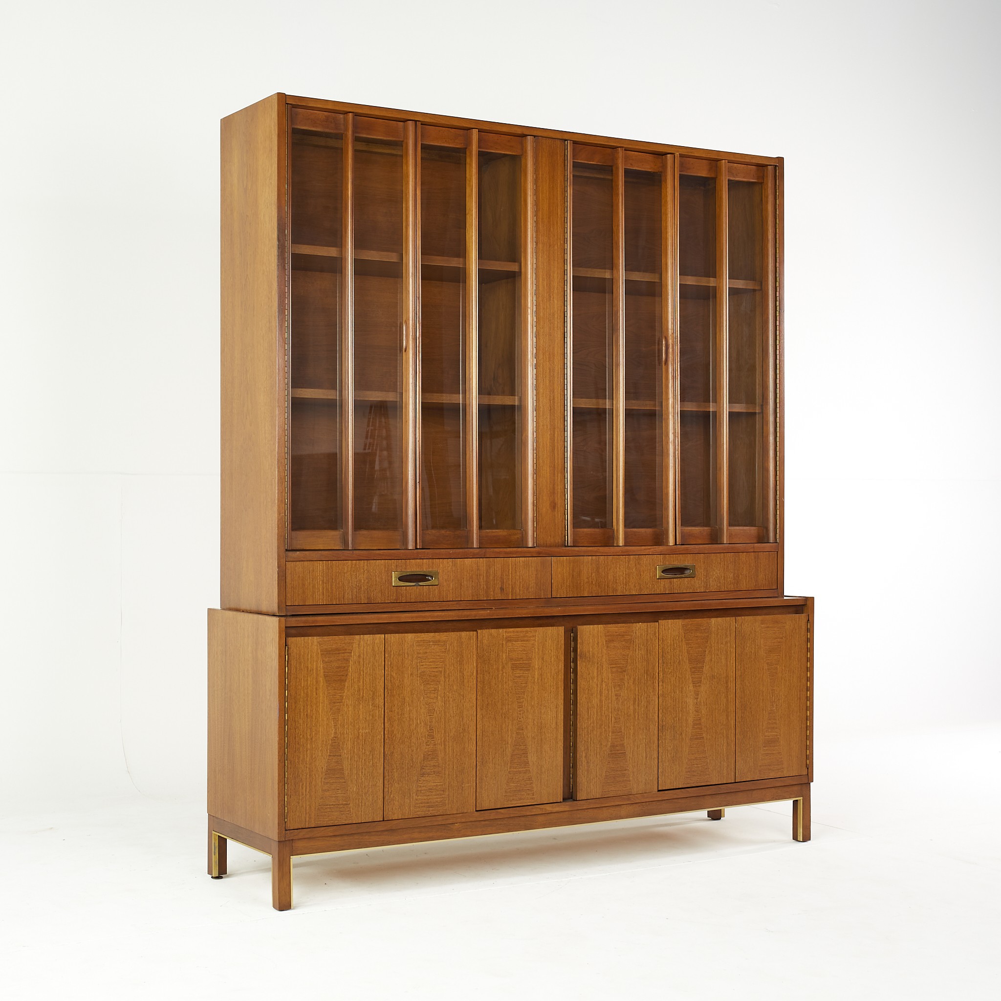 American of Martinsville Mid Century Walnut and Brass China Cabinet and Hutch