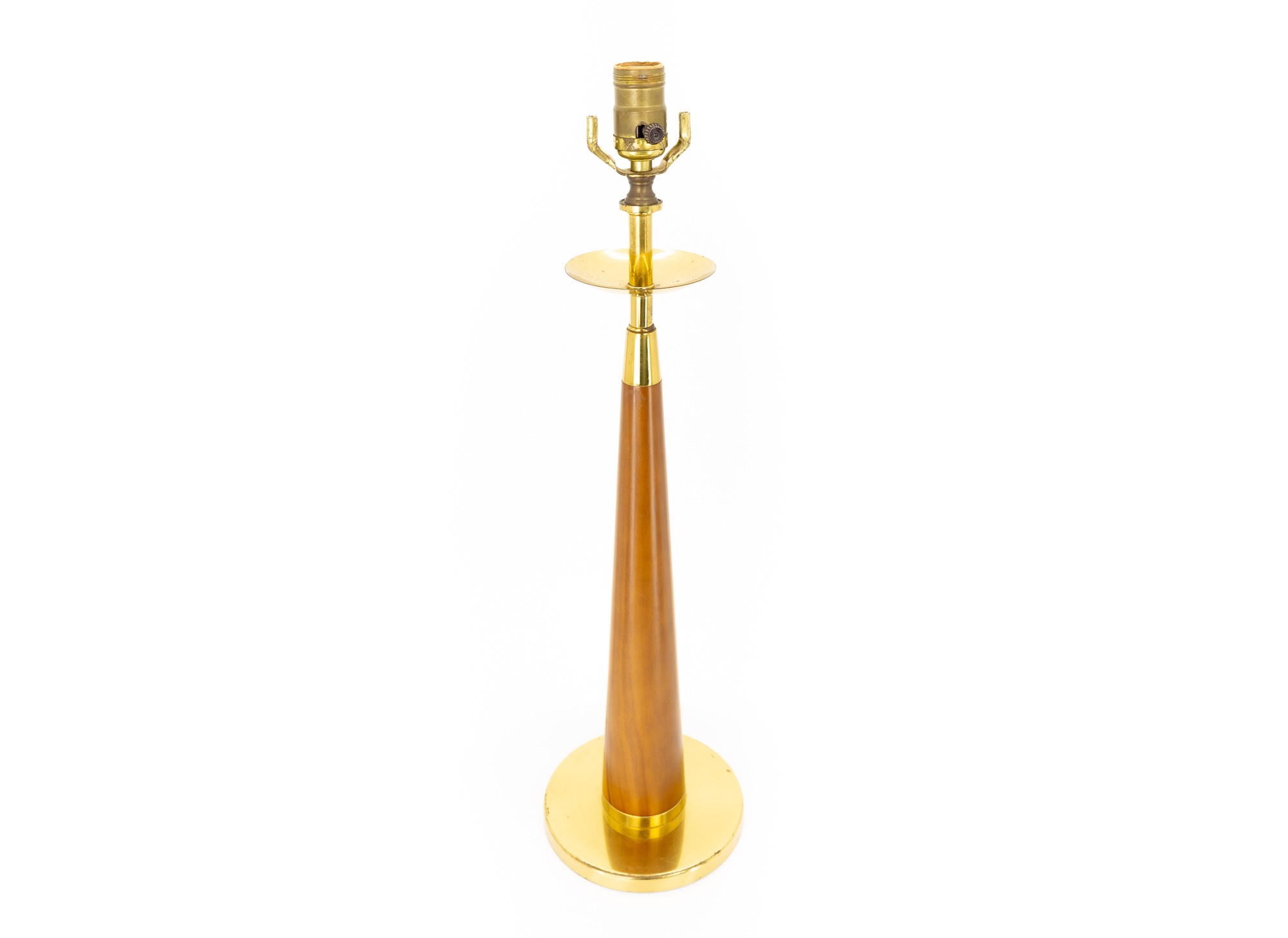 Mid Century Teak and Brass Cone Shaped Table Lamp