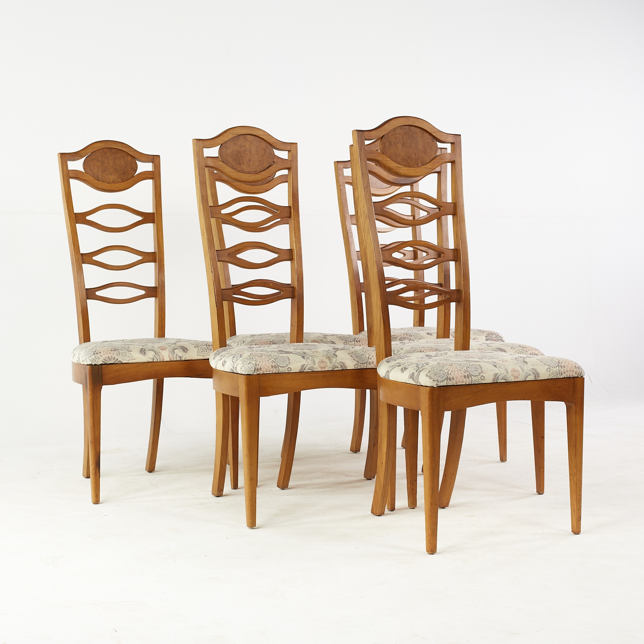 Young Manufacturing Mid Century Walnut and Burlwood Side Dining Chairs - Set of 6