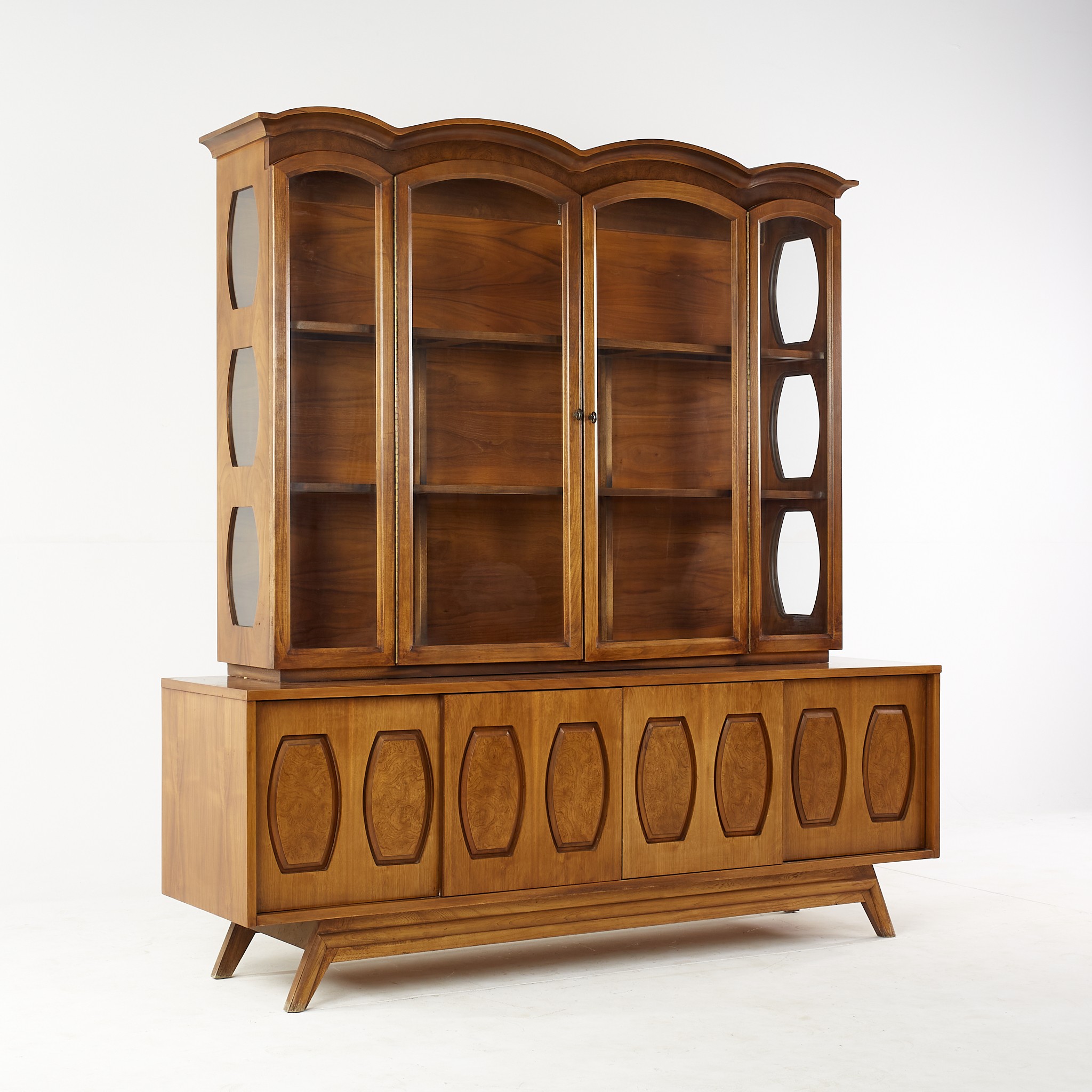 Young Manufacturing Mid Century Walnut and Burlwood Buffet and Hutch