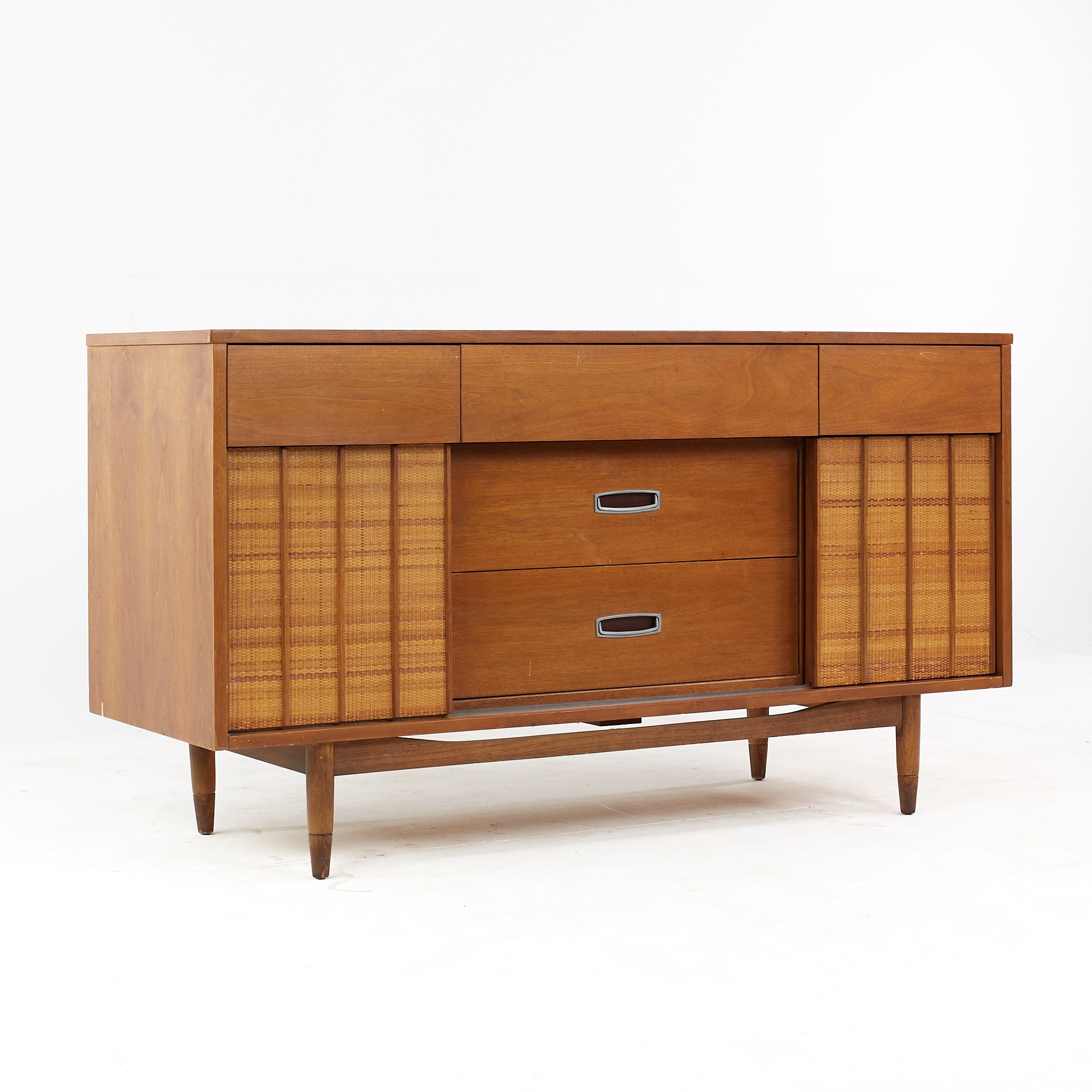 Mainline by Hooker Mid Century Walnut and Cane Sideboard Buffet Credenza