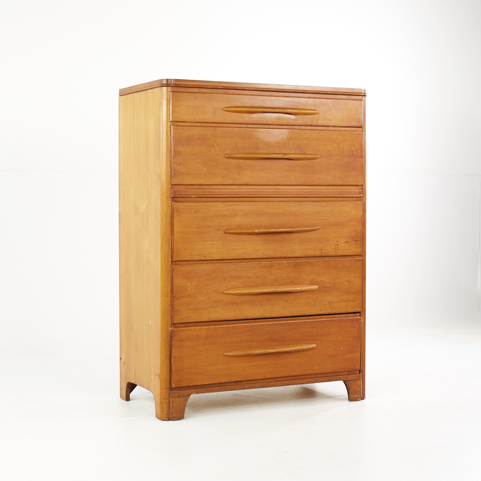 Heywood Wakefield Mid Century Blonde Solid Wood Highboy 5 Drawer Dresser