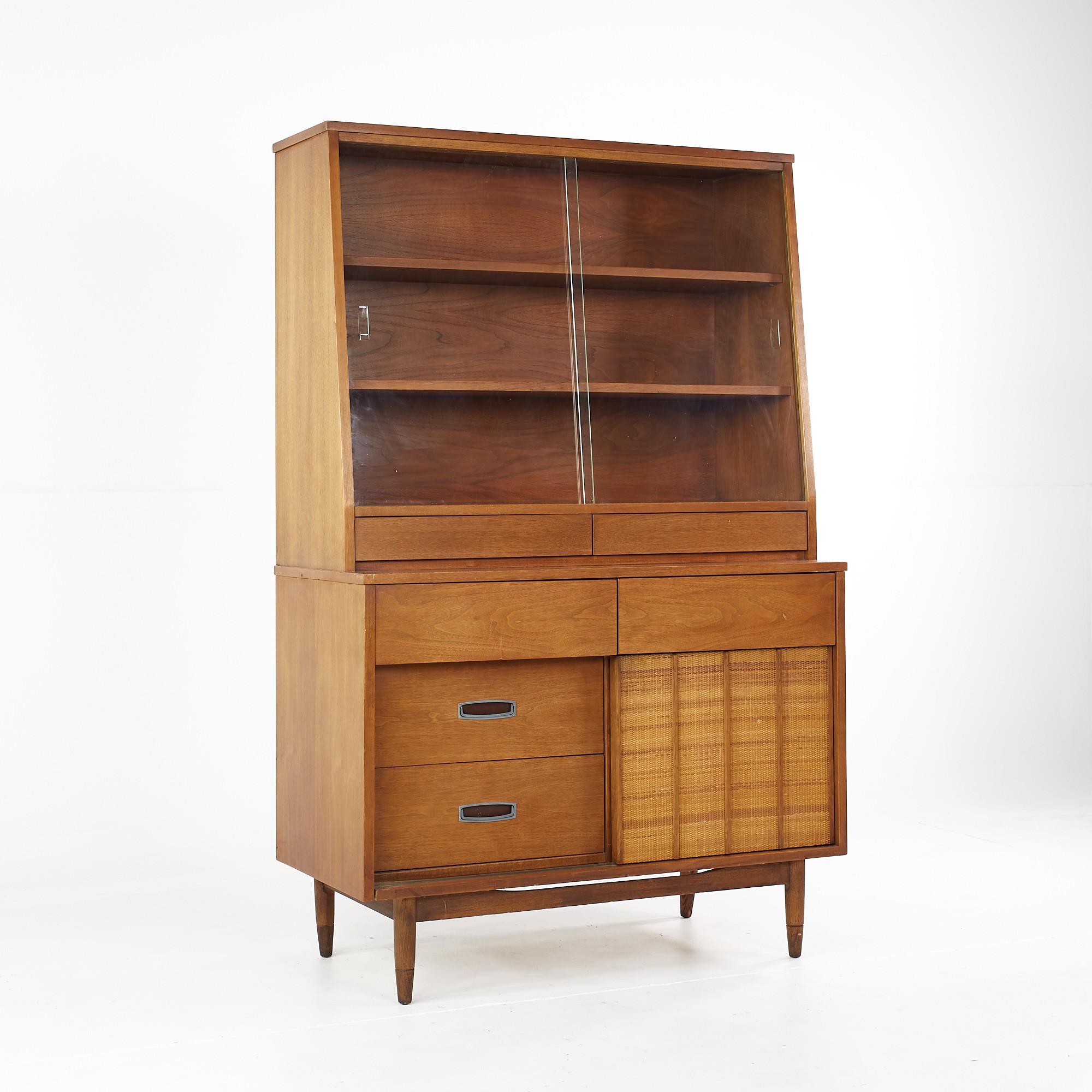 Hooker Mainline Mid Century Walnut and Cane China Cabinet Buffet and Hutch