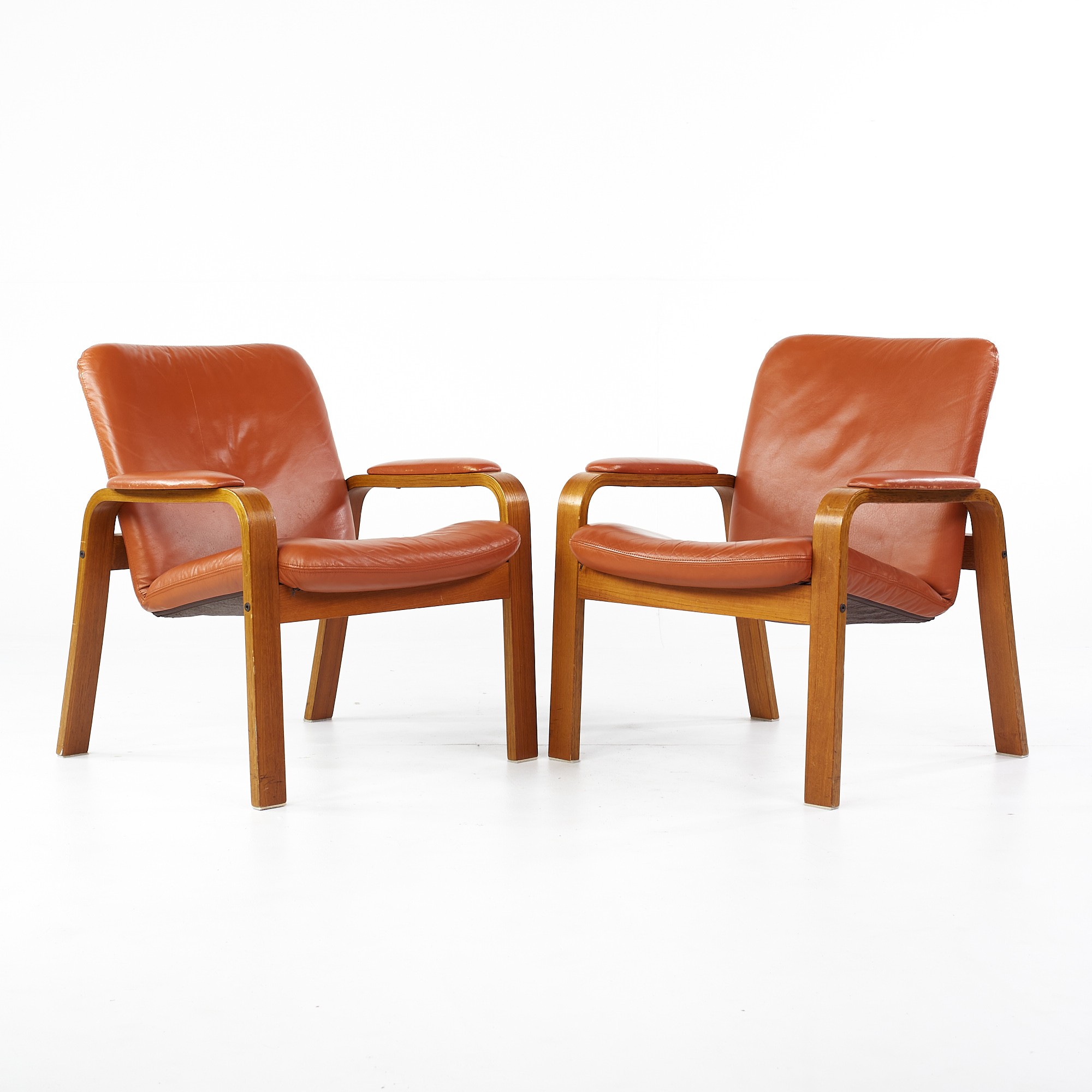 Ekornes Mid Century Teak and Leather Occasional Lounge Chairs - Pair