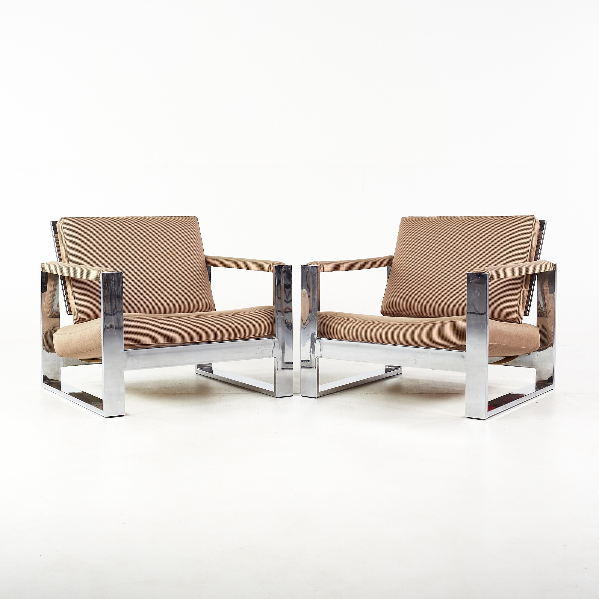 Milo Baughman Mid Century Tank Chrome Flatbar Lounge Chairs - Pair