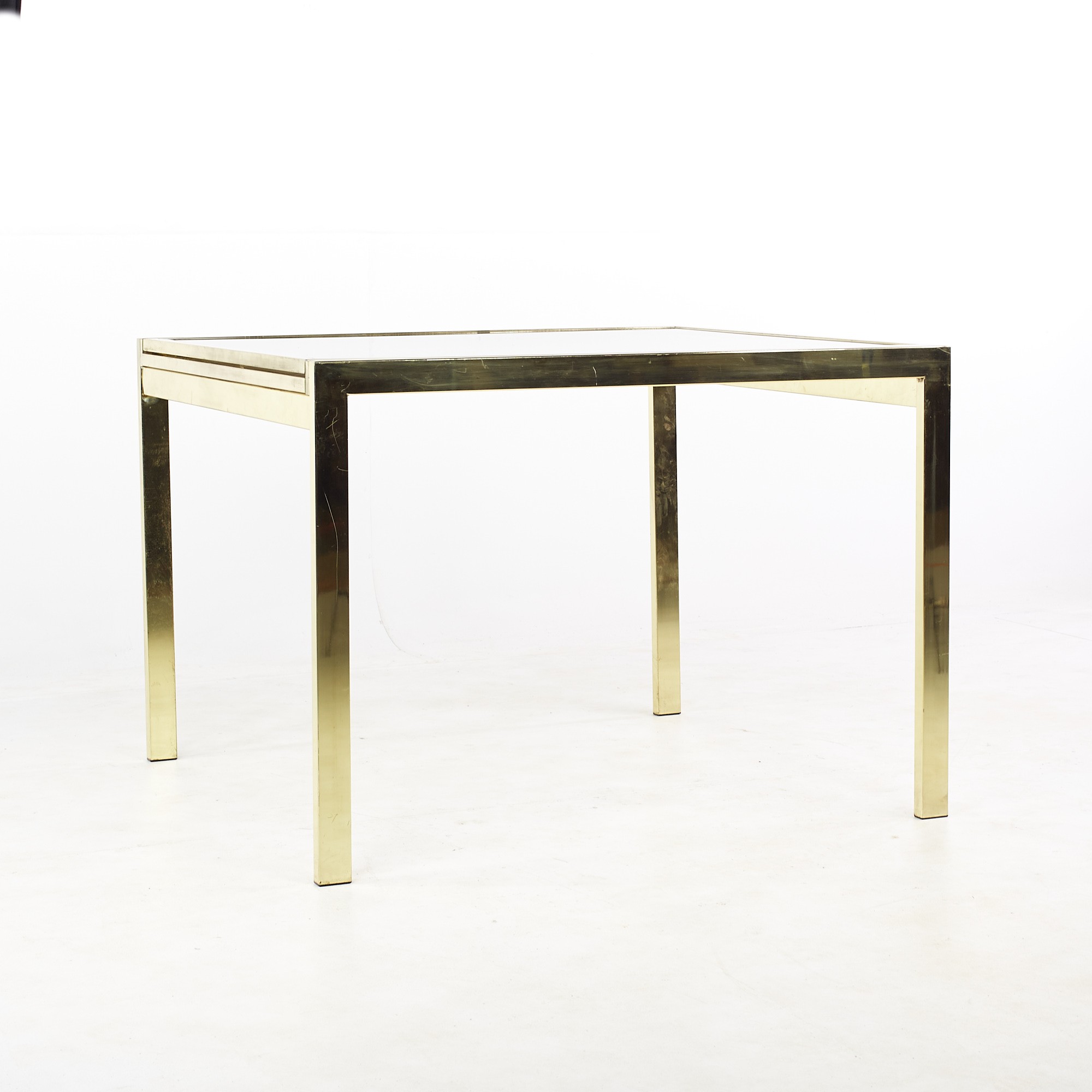 Milo Baughman Style Mid Century Brass and Smoked Glass Expanding Dining Table