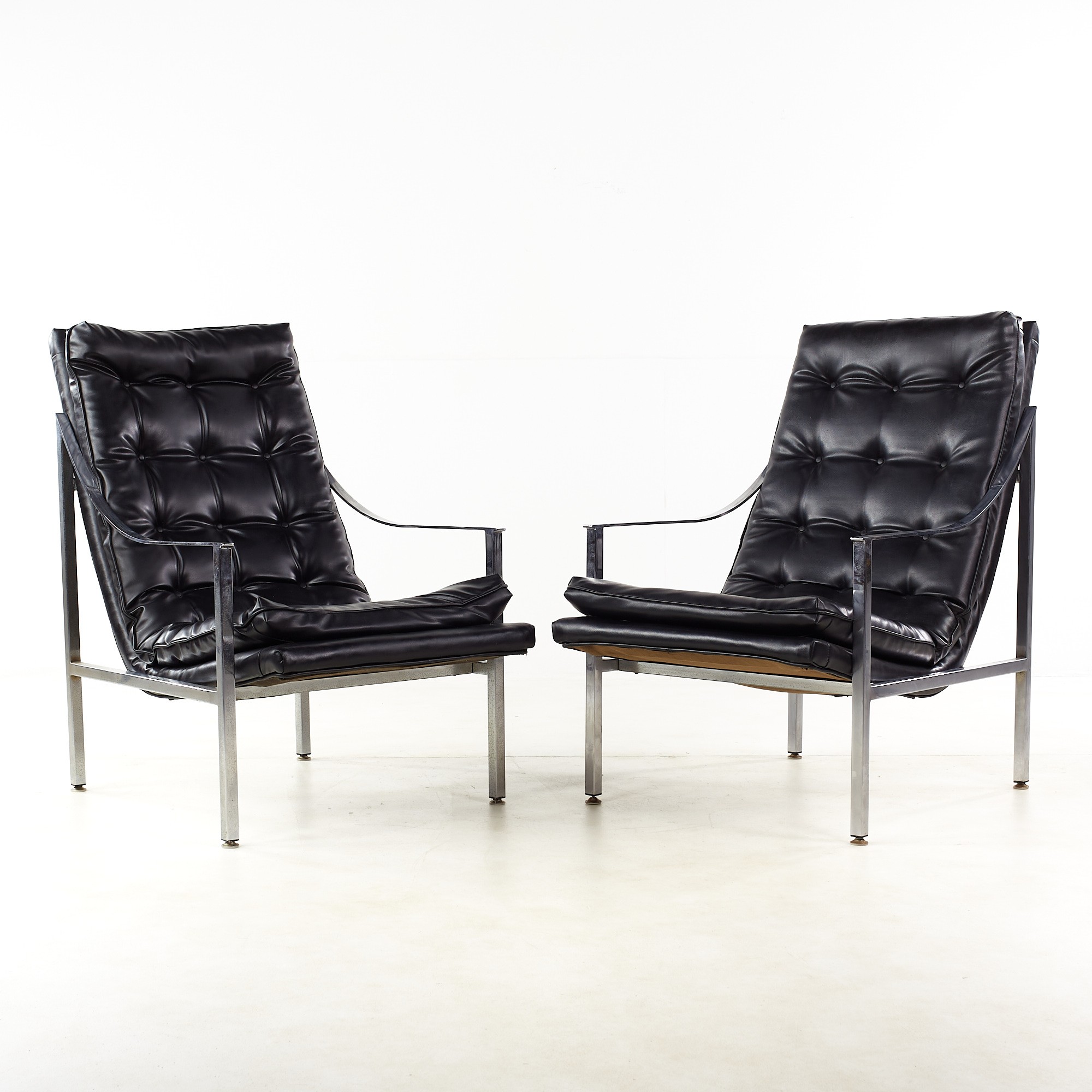 Milo Baughman Style Mid Century Chrome Tufted Lounge Chairs - Pair