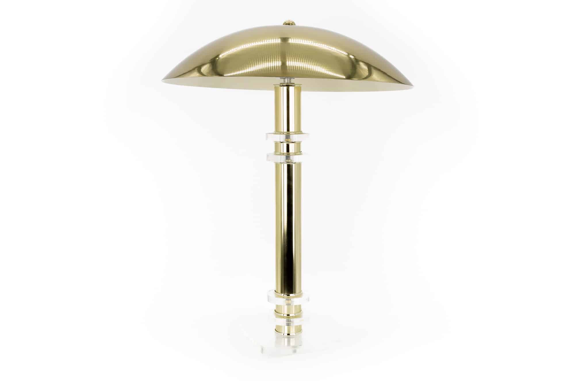 Mid Century Brass & Lucite Ufo Table Lamp with Aluminum Dome Shade