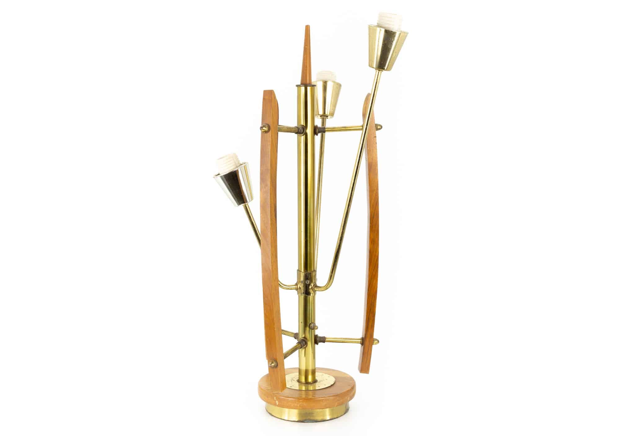Mid Century Brass Walnut 3-light Table Lamp