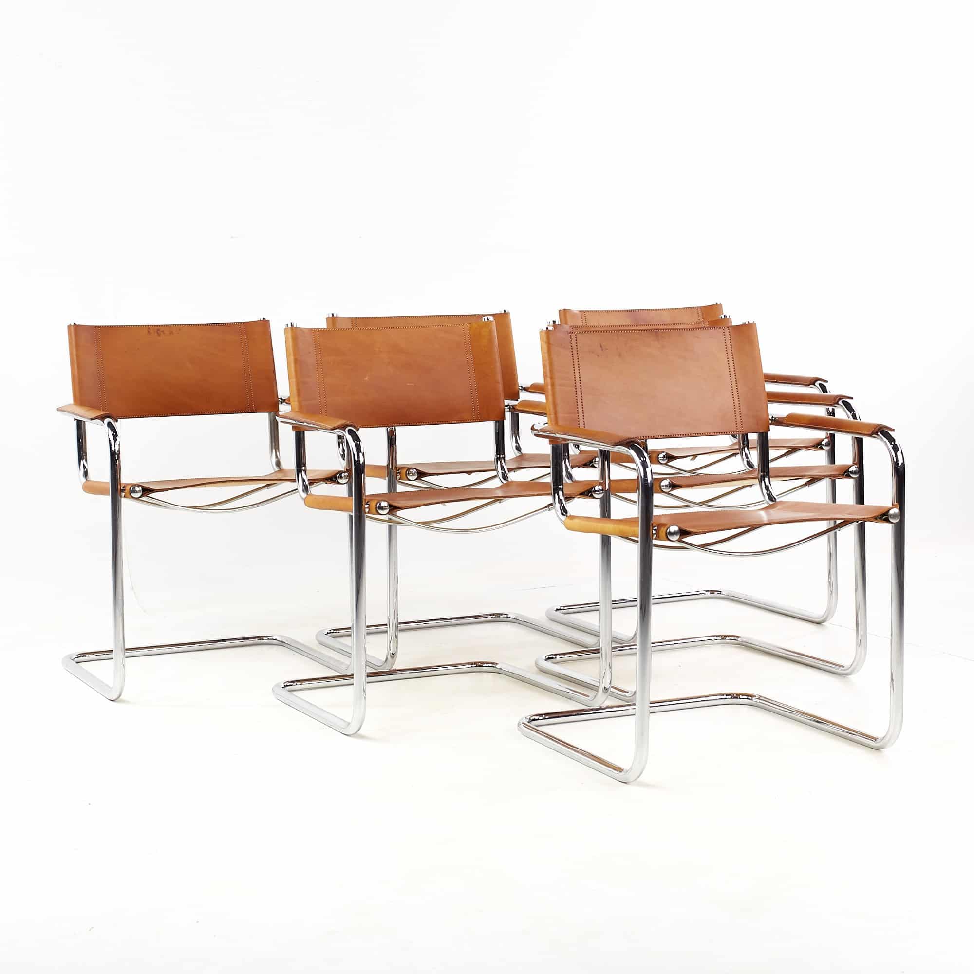 Mies Van Der Rohe Style Mid Century Leather and Chrome Cantilever Dining Chairs - Set of 6