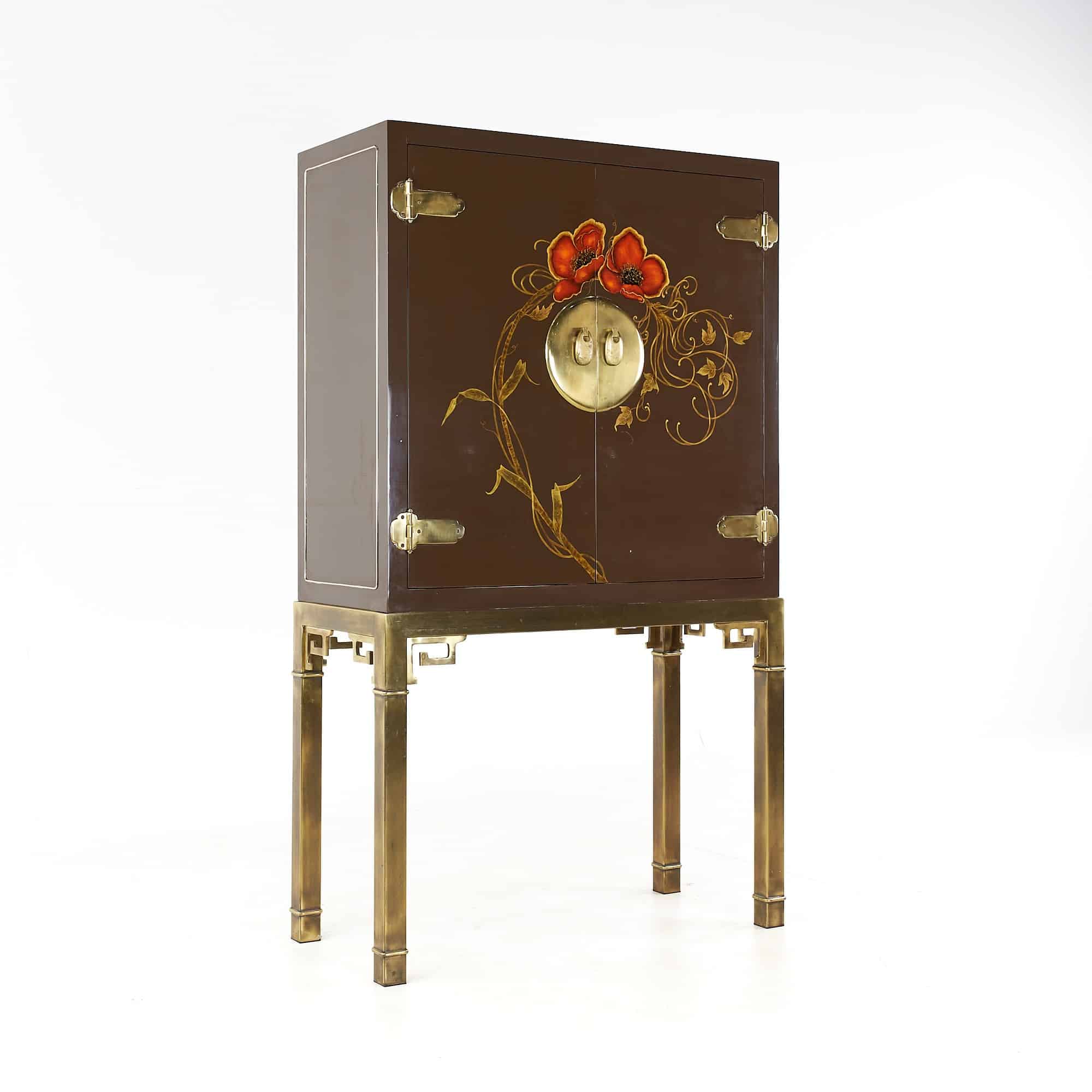 Mastercraft Mid Century Asian Inspired Lacquered Bar Cabinet on Brass Stand
