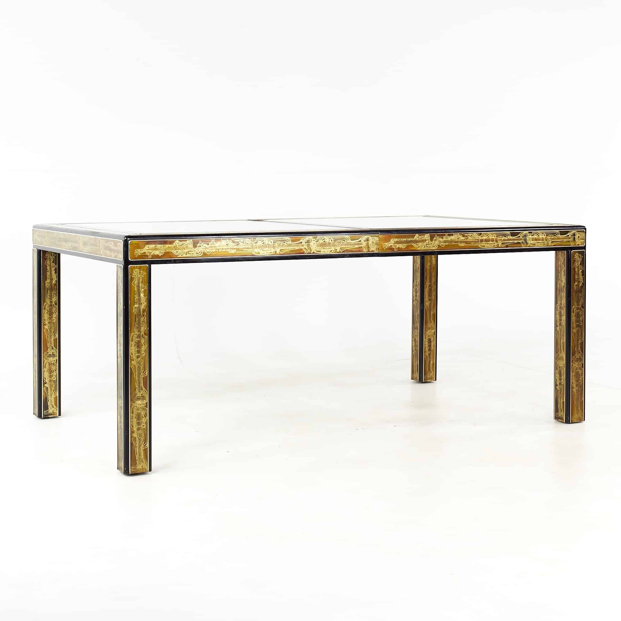 Bernhard Rohne for Mastercraft Mid Century Lacquered Etched Brass Panel Expanding Dining Table with 1 Leaf