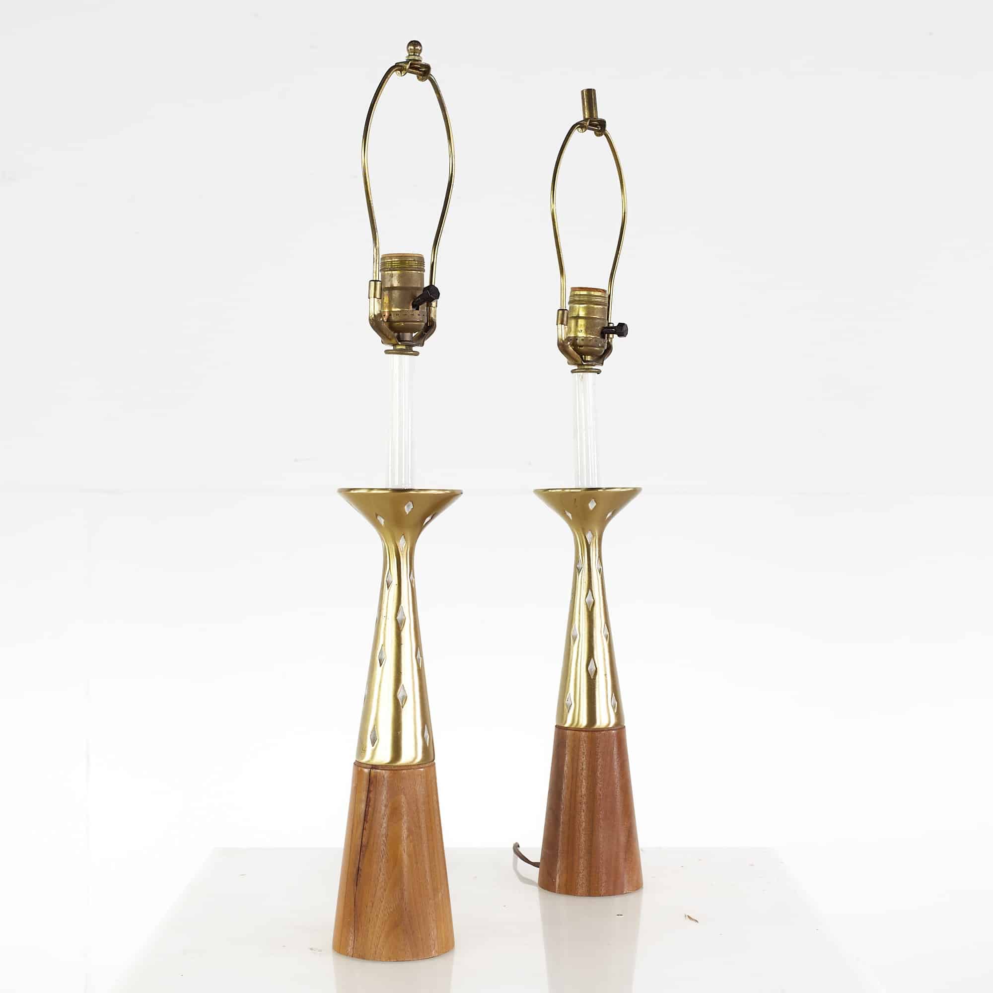Tony Paul Mid Century Brass and Walnut Table Lamps - Pair