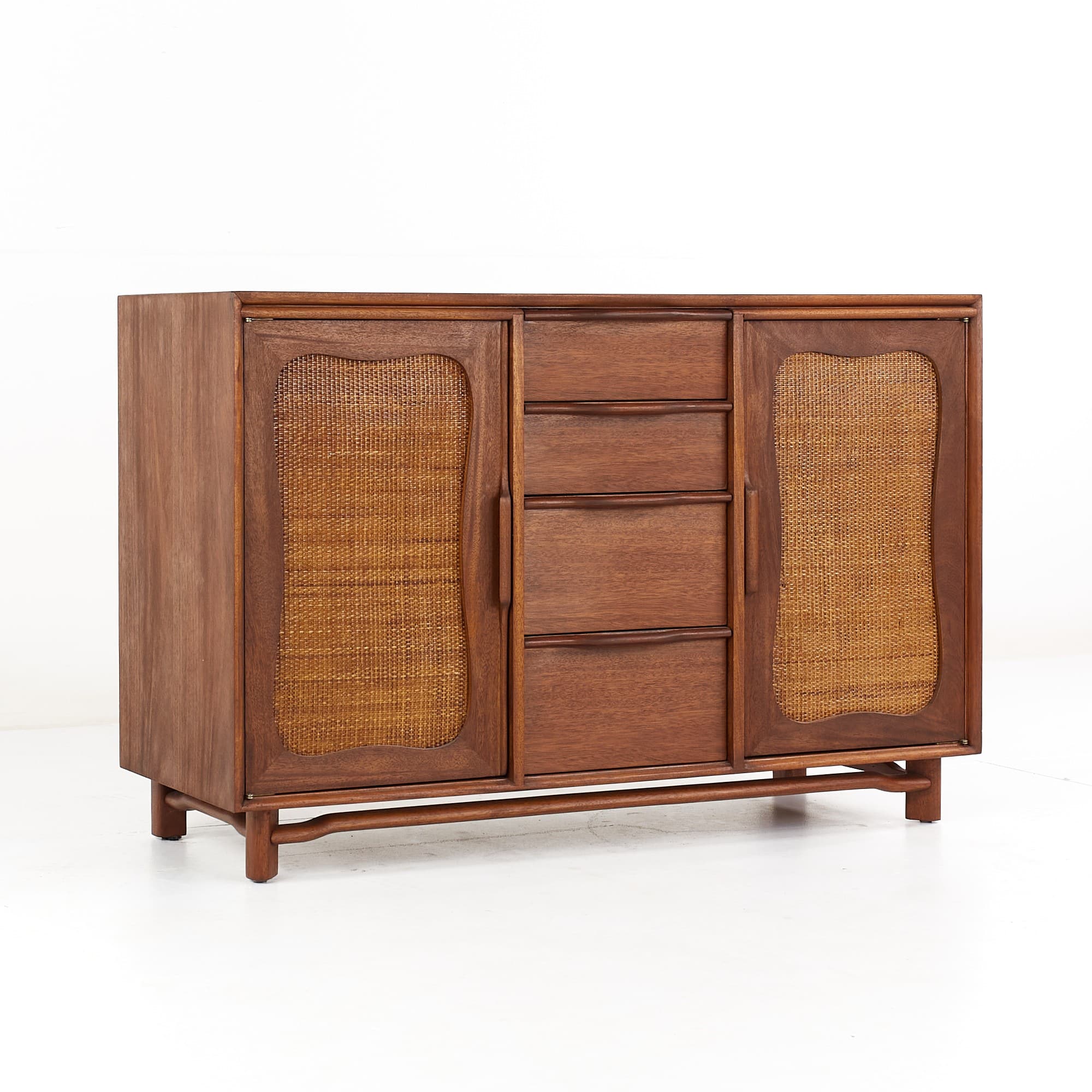 Hickory Manufacturing Mid Century Walnut and Cane Front Credenza